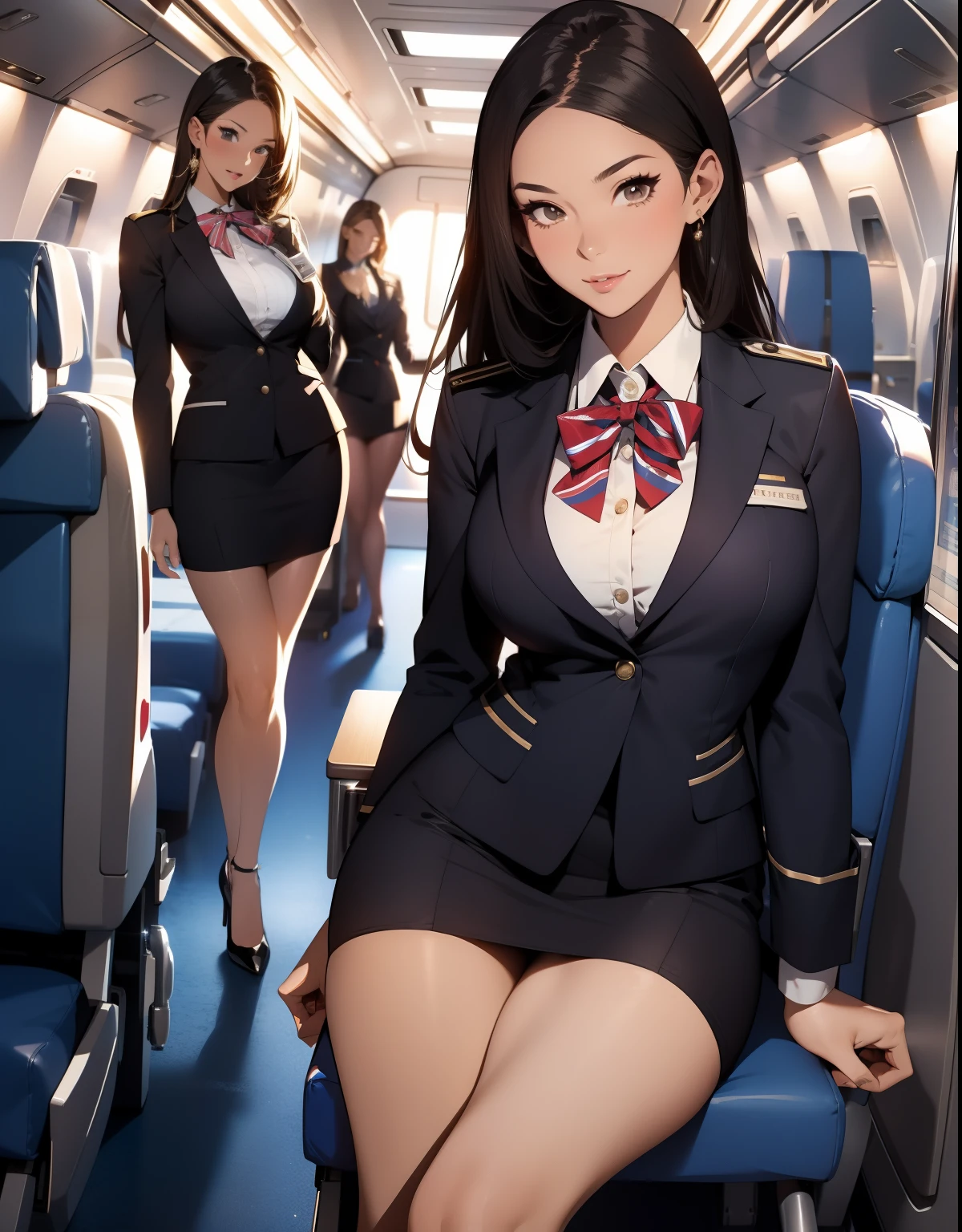 stewardess，Wear a flight attendant suit，A beautiful full body girl，with fair skin，cabelos preto e longos，24 years of age，busty figure，Short clothes，short  skirt，Super sexy scene，facial closeups，