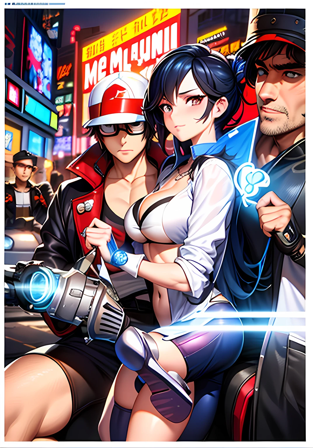 A woman leaning next to a Weiss motorcycle wearing bikini top, buttonboy shorts, holding a hard hat，and a man in a jacket,A lewd man on the back wears a necklace， an oppai cyberpunk, extra detailed, comic cover, fantrome, , extra detail, , cover manga, , (sfv) safe to work,