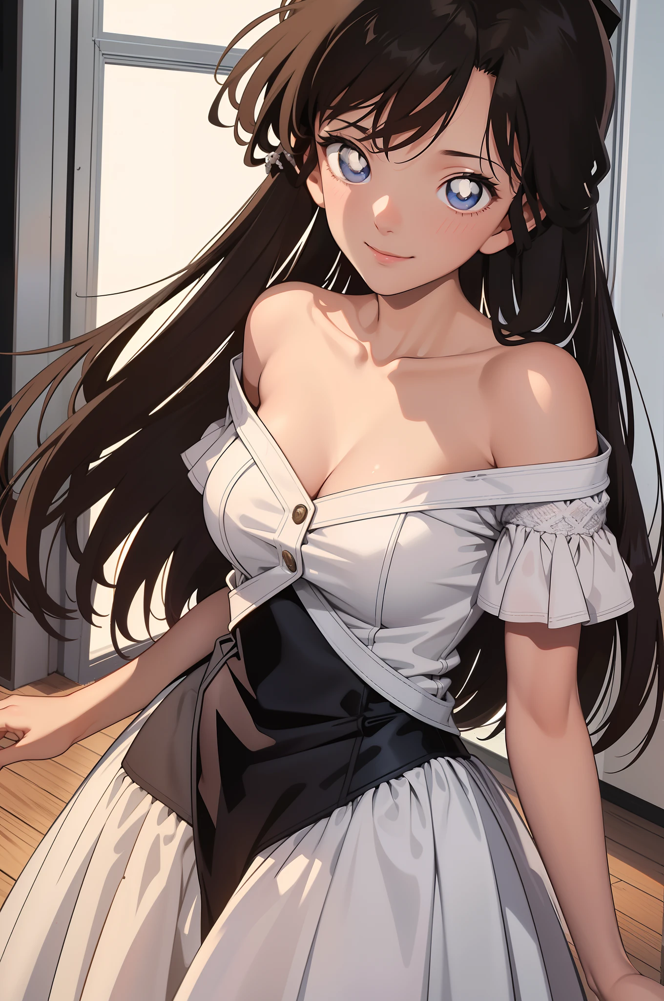 1girll,  ((tmasterpiece, best qualityer, 8K))，As you wish，Off-the-shoulder attire，ssmile，Close-up，looks into camera，Be red in the face，Perfect figure，full bodyesbian，Professional Dress，white collar，white  shirt，Suits