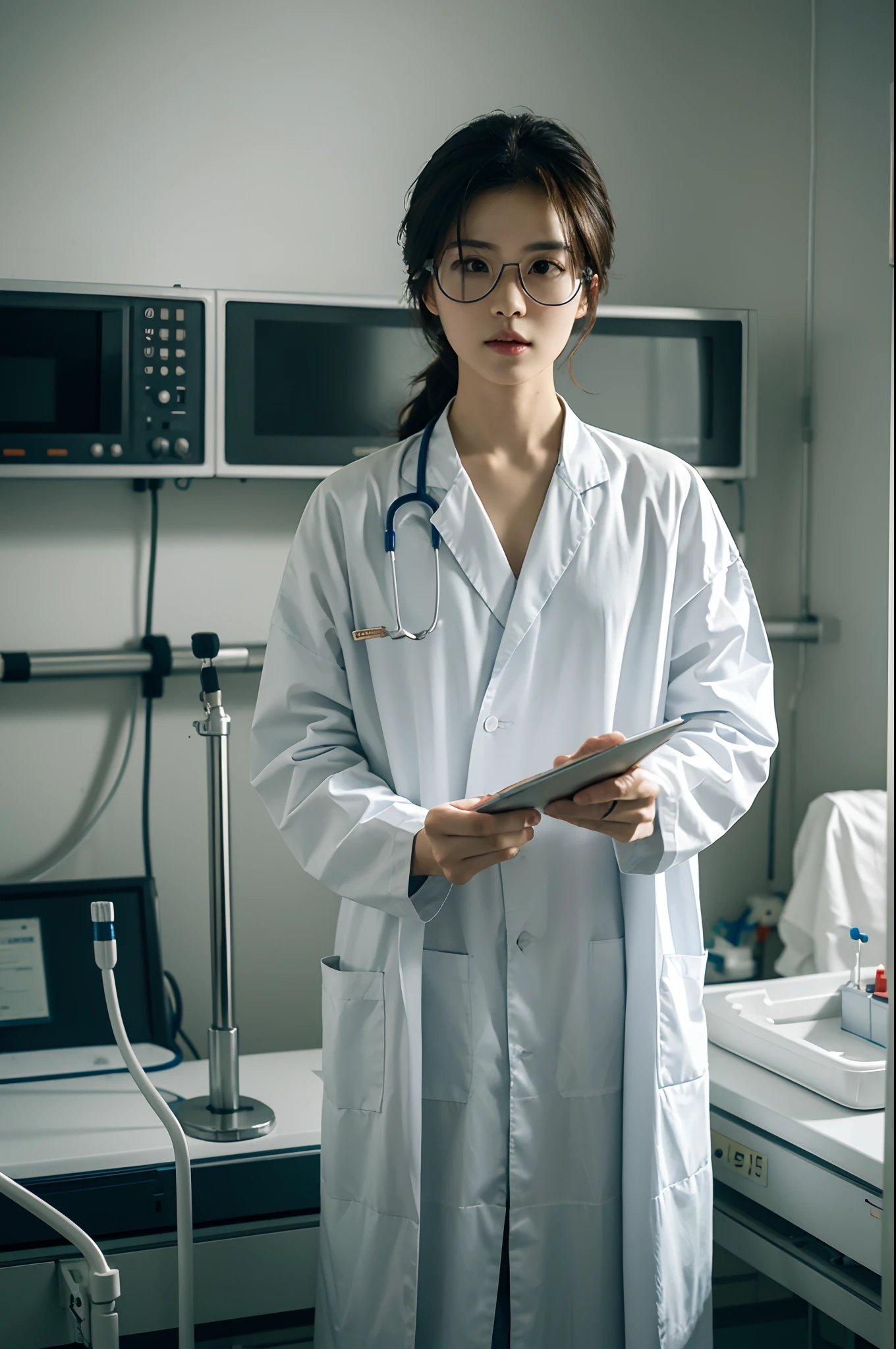 (tmasterpiece，number art:1.3)，Heroic Chinese doctor，Wearing(White medical gown:1.2)，Wearing(protective goggles:1.1)，Tense and focused，standing at(Hospital operating theatre:1.2)Curly，Surgical instruments in hand，(ray casting:1.2)，Patient hope，(Medical hero:1.2)，Medical equipment in the background，High-quality depiction，Professional details，A resolute expression，A tribute to the struggles of the medical community，Wallpapers --auto