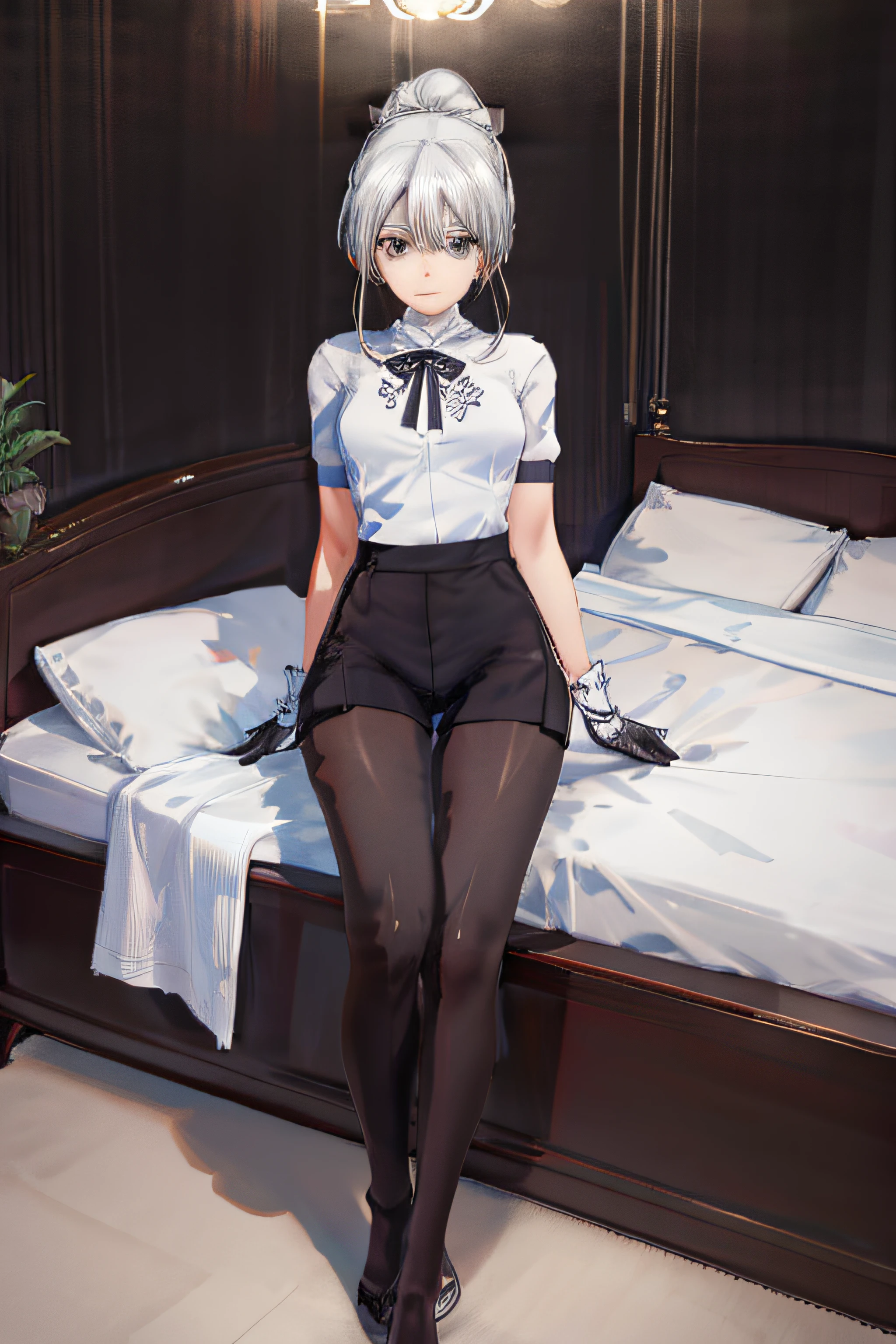 1 girl)), ray tracing, (dim lighting), [detailed background (bedroom)), ((silver hair)), ((silver hair)), (fluffy silver hair, plump and slim girl)) with high ponytail))) Avoid blonde eyes in the ominous bedroom (((girl wears intricately embroidered black high-waisted pants with pantyhose) and white ruffled bow gloves), showing a delicate slim figure and graceful curves, correct limbs, sitting on the bed