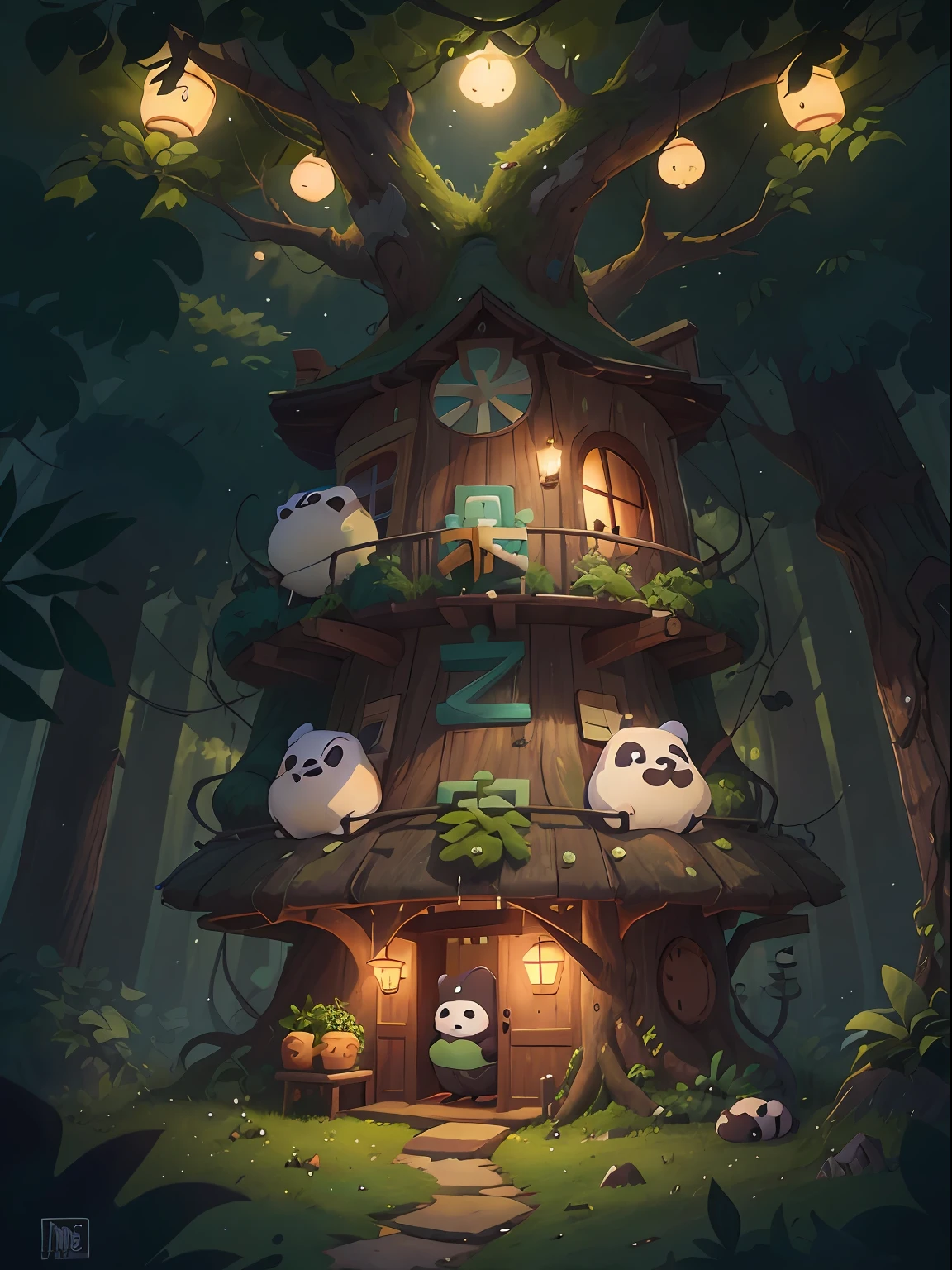 Um panda com um moletom fofo e fones de ouvido Studio Ghibli-style in a fantastic setting, hipnotizantes raios de sol refletindo na grama, a treehouse and strands of lights filling the sky with glow, vivid colors and subtle details.