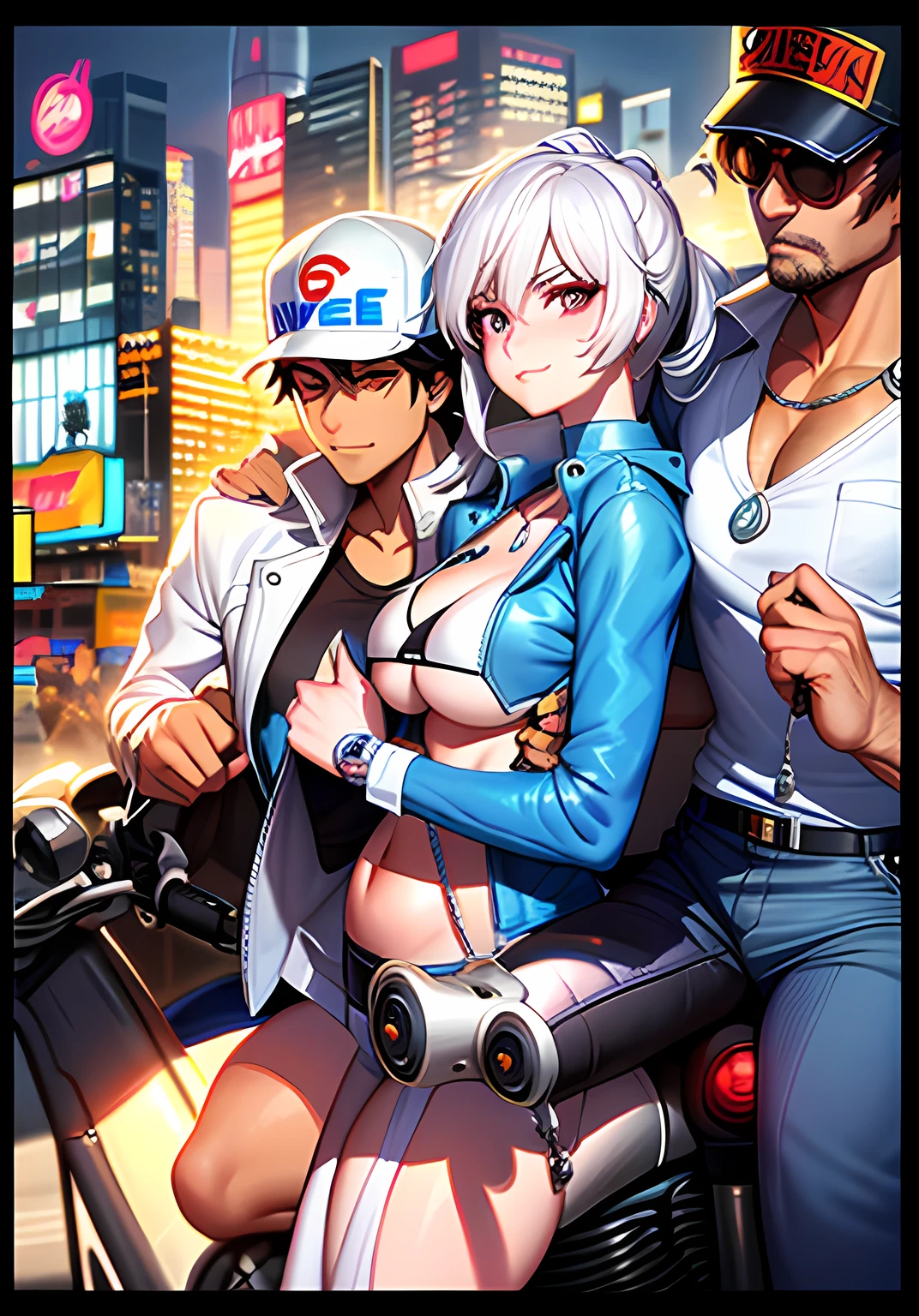 A woman leaning next to a Weiss motorcycle wearing bikini top, buttonboy shorts, holding a hard hat,and a man in a jacket,A lewd man on the back wears a necklace, an oppai cyberpunk, extra detailed, comic cover, fantrome, , extra detail, , cover manga, , (sfv) safe to work,