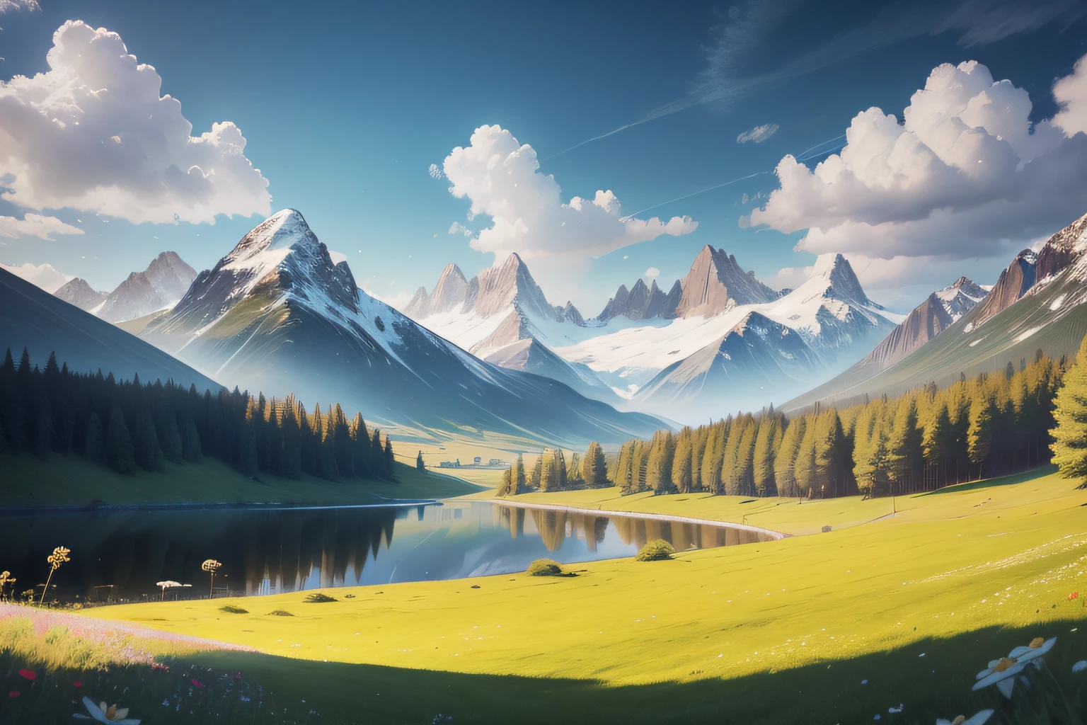 Summer, meadows, few small flowers, clear lakes, sheep, heaven, large clouds, blue sky, hot weather, HD detail, wet watermark, hyper-detail, cinematic, surrealism, soft light, deep field focus bokeh, distant view is snowy mountains, ray tracing, and surrealism.