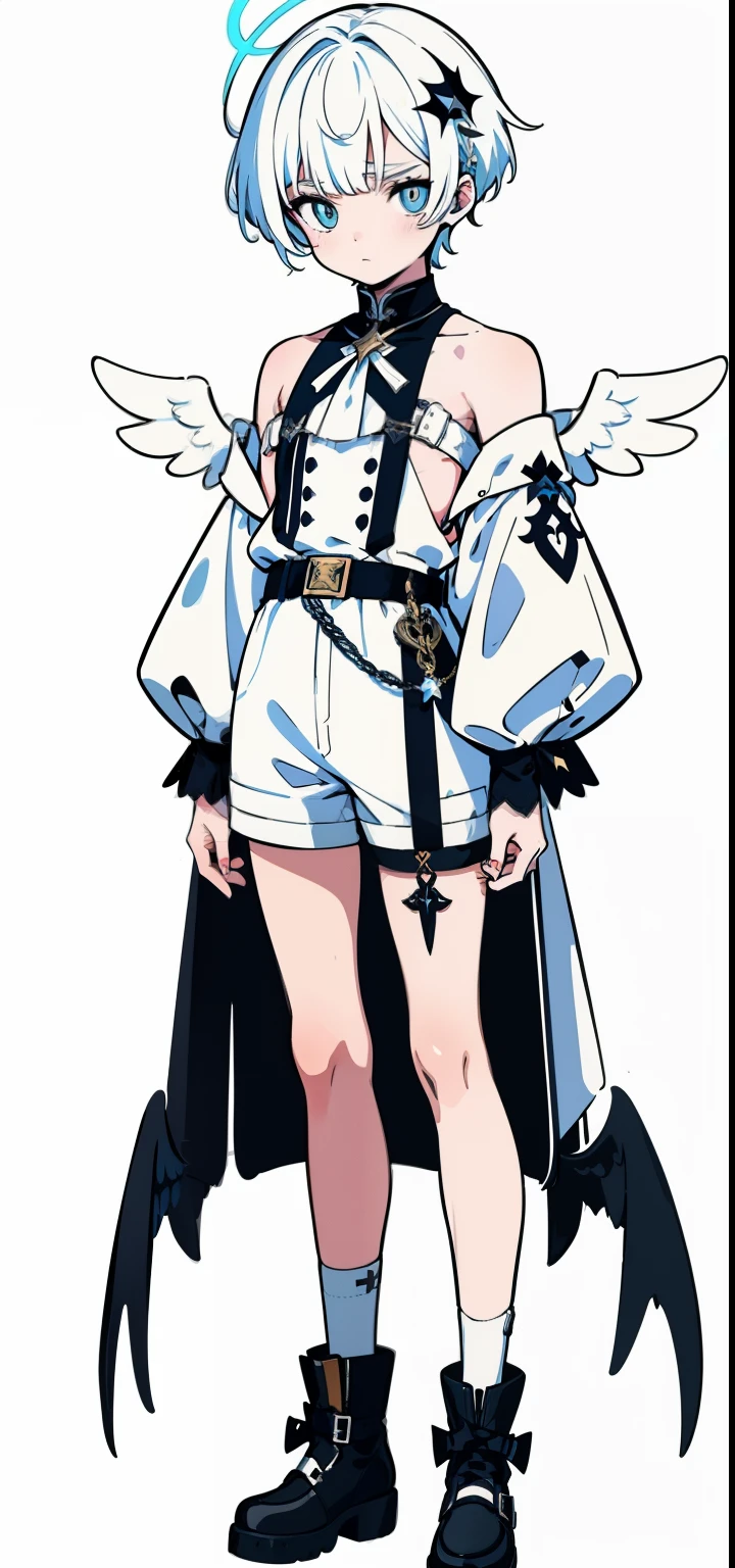 (((Male characters))), ,(((Boy))),anime big breast, White background, Vertical painting, Solo,Character design, Clear,hyper HD, Exquisite,full bodyesbian, Boots ,((simple line)), Flat coating,((Simple)),(European clothing:1.2), (Simple clothing),((Strappy shorts)),Western,angel,Angel Boy,Asymmetrical hair,mismatched pupils, Golden eyes, silvery white hair, (mid - length hair:0,8),Asymmetrical bangs,angelic halo,Colored inner hair, (Wings),crosses, ,divino,pale blonde,white colors,