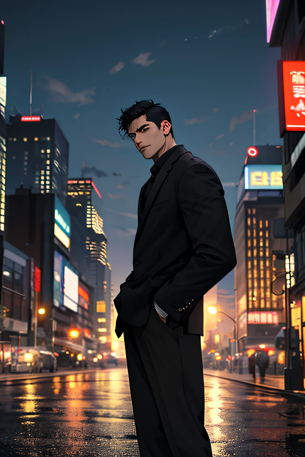 1man, masterpiece, best quality, super high resolution, dusk, cityscape, depth of field, short black hair, single man, looking at the audience
