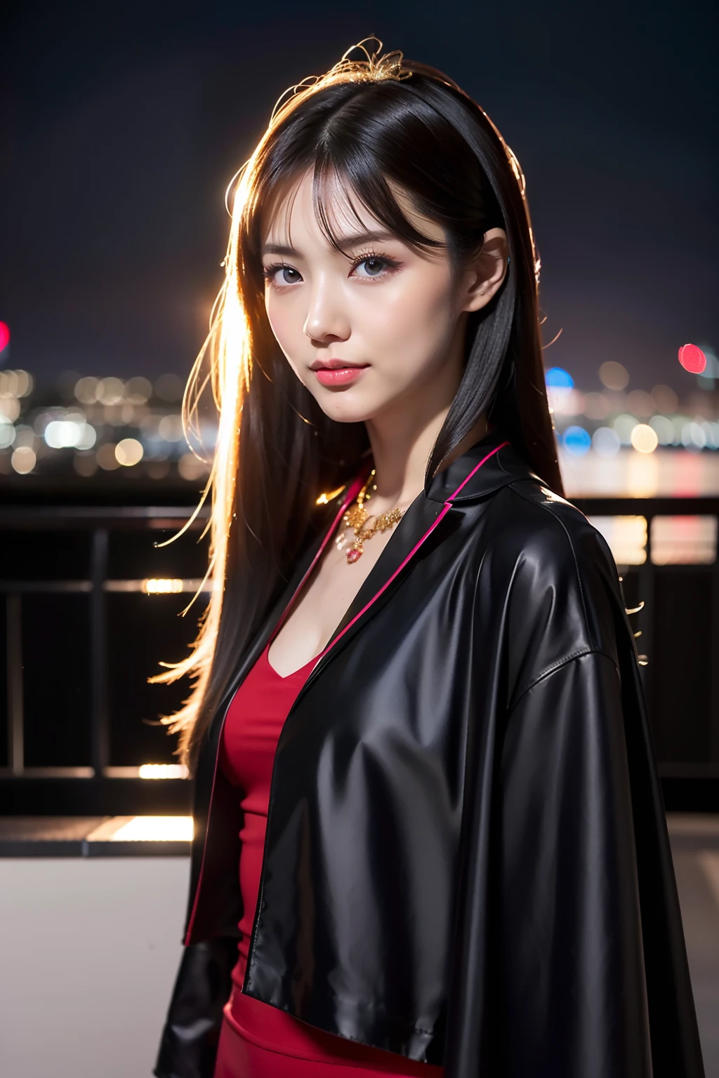 （8K分辨率，Vista full body photo，Photos above the legs），（Multiple women，20yr old，（Facial features of Thai Aom：1.8，Broad skeletal cheeks，s delicate face），Lovely face，com rosto detalhado，详细的脸，（Delicate Japanese makeup），Black colored eyes，（Look into the distance），Long dark red hair，Microvolumes（Messy has layers），Redlip，Fair smooth skin，（Best Skin Type：1.21），mediuml breasts，（Fashionable casual wear，（Incredible stitching，Luxury），（materpiece：terylene，blacksilk），A small number of jewelry hairpins，Luxury necklaces and bracelets），Tall and tall，The action of conversation，perfect hand，Ultra-fine clothing material），（Modern city，Stylish gatherings，Night background on the roof of the city，Exquisite environmental details），（exhilarated，confident smile，Rejoice），（profesional lighting，动态照明），（（Colors are conflicting，adolable，elegance，ellegance，vivaciousness（white colors，black in color，purpleish color，red colour，in pink））），（Golden section，Cinema lenses，Dynamic shots，Hasselblad photograp，tmasterpiece：1.3），（Courtesan，Youth idol，Focus in the field，trendsetting，Artis，Art platform）