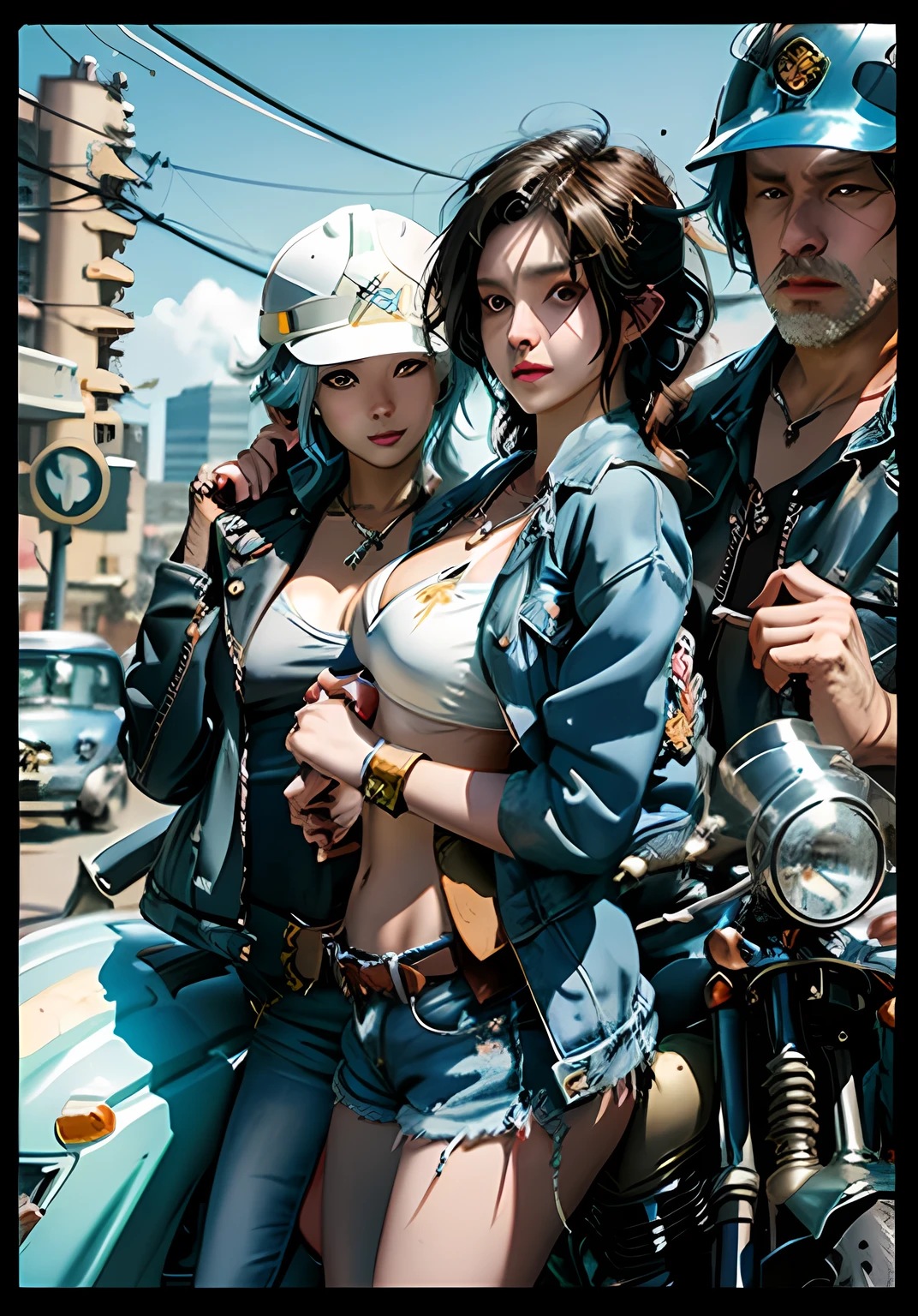 One leans against a Weiss motorcycle wearing a bikini top，Woman in denim shorts，Holding a hard hat in his hand，and a man in a jacket,A lewd man on the back wears a necklace， an oppai cyberpunk, extra detailed, comic cover, fantrome, , extra detail, , cover manga, , (sfv) safe to work,