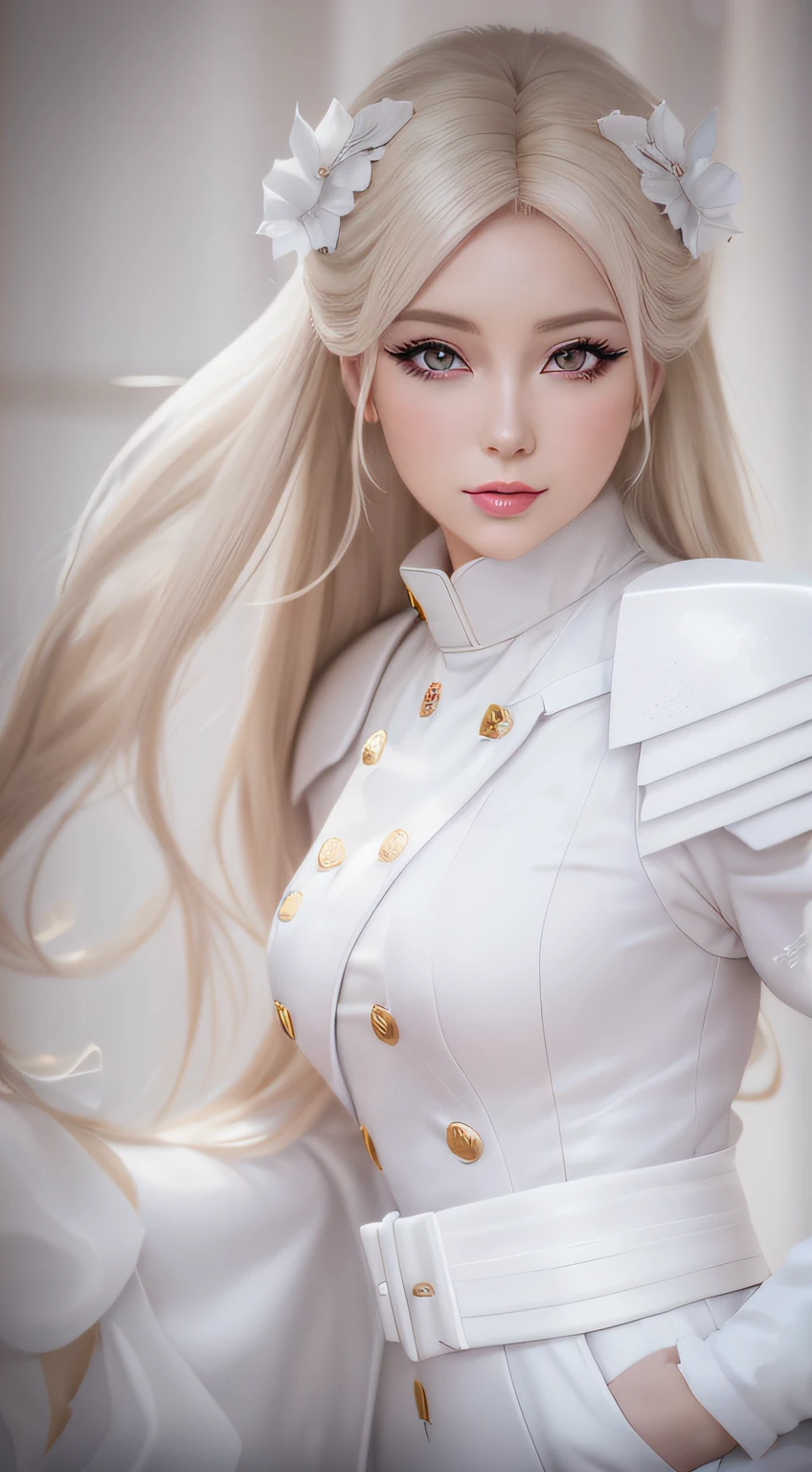 Close-up of a woman in a white uniform posing for a photo, Anime girl cosplay, Anime cosplay, anime barbie in white, elegant glamourous cosplay, cosplay, realistic cosplay, professional cosplay, Blonde anime girl with long hair, pale milky white porcelain skin, hyper realistic anime, cosplay foto, sakimichan frank franzzeta, Tifa Lockhart with white hair