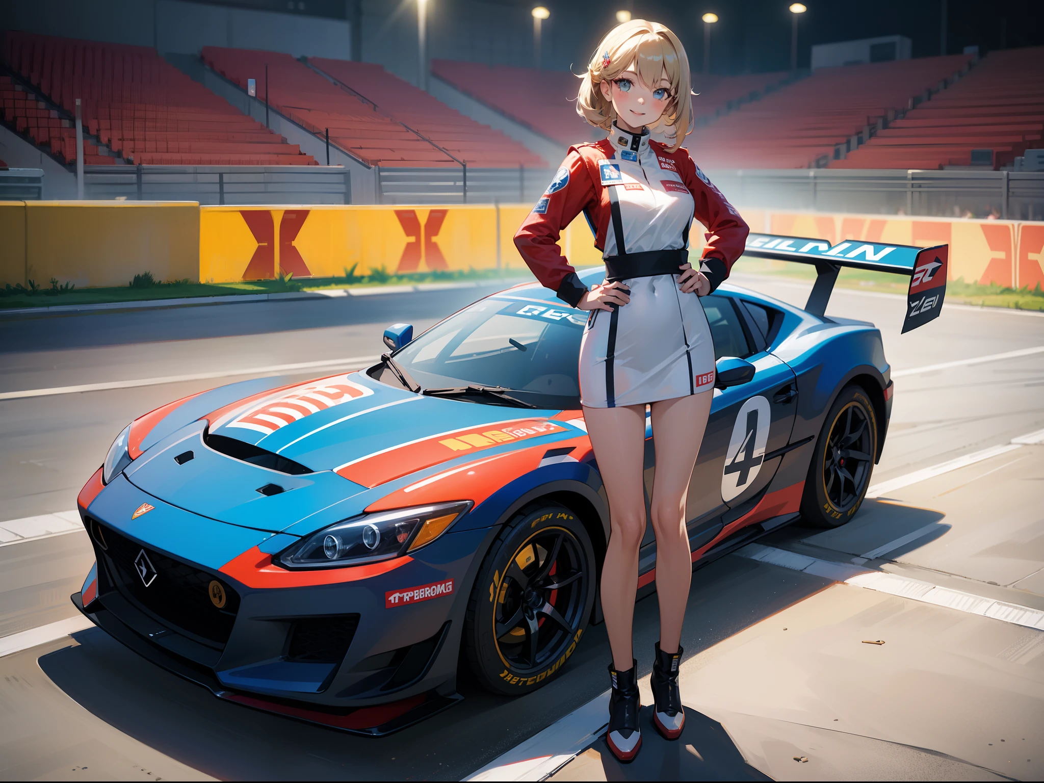 masterpiece, super detail, best quality, racing car and young female, solo, race queen costume, smile, hand on hip, looking at viewer, high detailed background, background car race track, in front of crowd, bokeh, anatomically correct