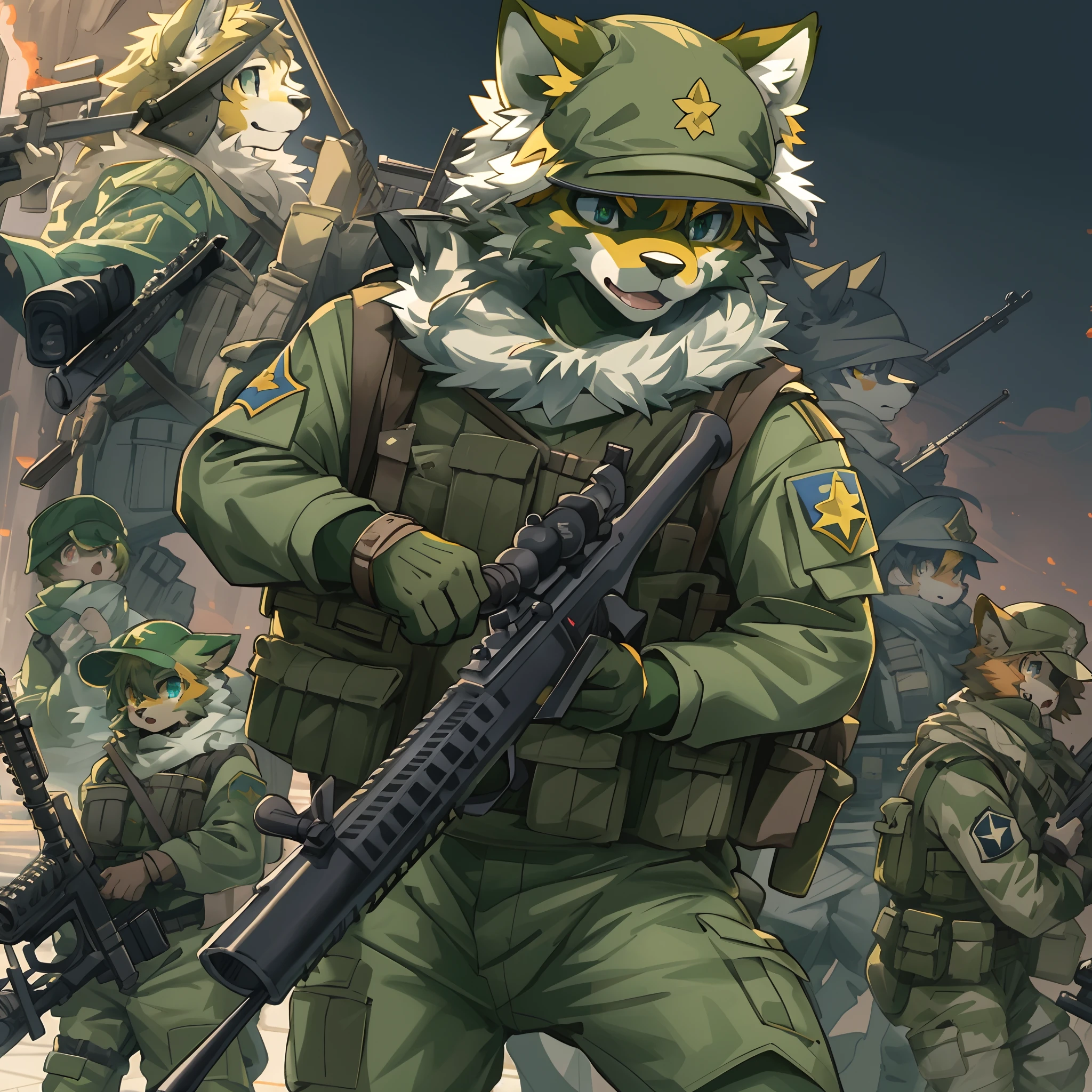 top quality, best quality, High-quality illustrations, masterpiece, super high resolution, detailed background, Military Headquarters, Maritime Self-Defense Force, rifle, sniper, battlefield, 6+boys, 6+girls, absurdres(highly detailed beautiful face and eyes)perfect anatomy, expression, good lighting, cinematic shadow(kemono, furry anthro)assorted poses, dynamic angle,