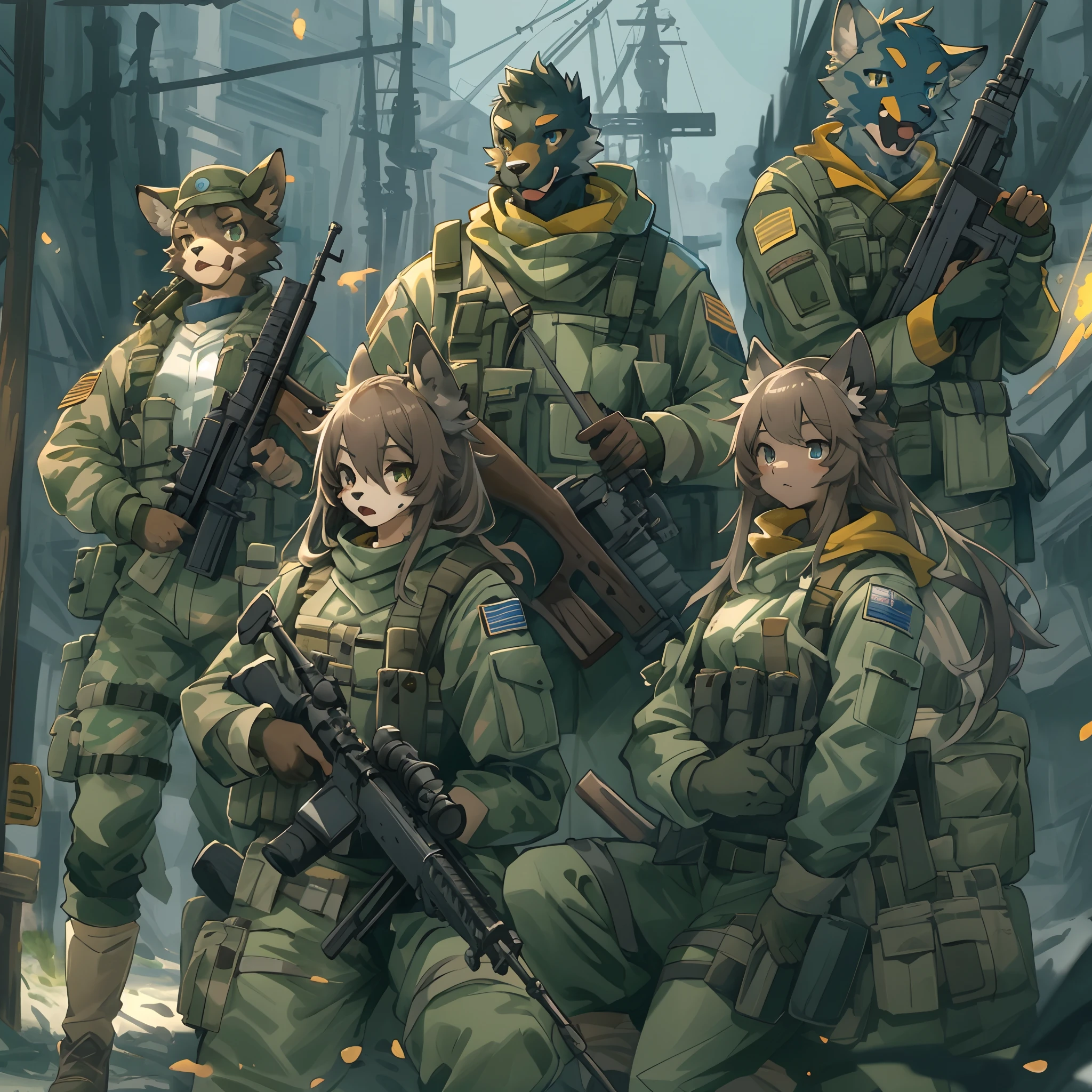 top quality, best quality, High-quality illustrations, masterpiece, super high resolution, detailed background, Military Headquarters, Maritime Self-Defense Force, rifle, sniper, battlefield, 6+boys, 6+girls, absurdres(highly detailed beautiful face and eyes)perfect anatomy, expression, good lighting, cinematic shadow(kemono, furry anthro)assorted poses, dynamic angle,