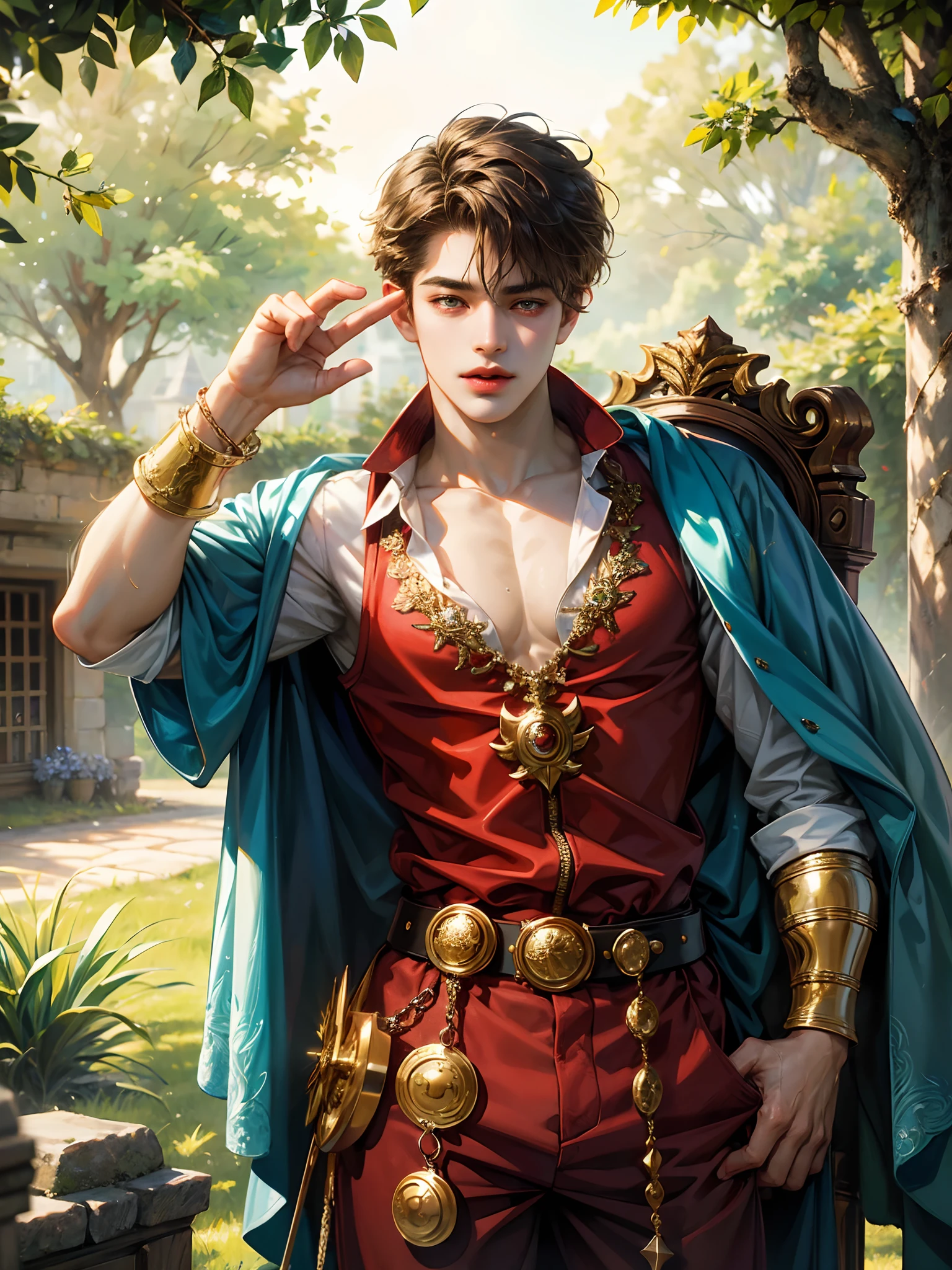 (absurdres, highres, ultra detailed, HDR), masterpiece, best quality, legend of mana character, sword of mana console, portrait of a boy, handsome boy elazul, jumi race, detailed face,  in a legend of mana town, domina, adventurer, handsome adventurer, professional photo, rpg style man detailed torso, eyes on viewer,young boy 18 years old, handsome boy, detailed background