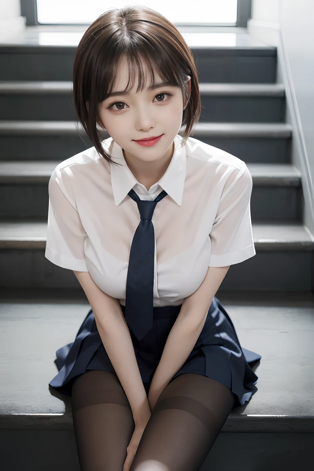 Korean School Uniform、Summer School Uniform Shirts、Tight shirt、Ribbon tie、skirt by the、Schools、stairs at school、Emphasize your chest with both arms、Slender big、8K raw photos、hight resolution、age:18 、Korea person、Eye of the cut、very large round breasts、beautiful eyes finely detailed、long eyeslashes、Beautiful double eyelids、eye line、big eye、elongated eye shape、Sanpaku eyes、Beautiful and thin legs、Beautiful and thin thighs、Random Shorthair、Tie your hair behind your head、耳Nipple Ring、light brown hair、(Wearing pantyhose)、The thighs are erotic、((Look up and smile))、Seiza、Bend your knees to touch