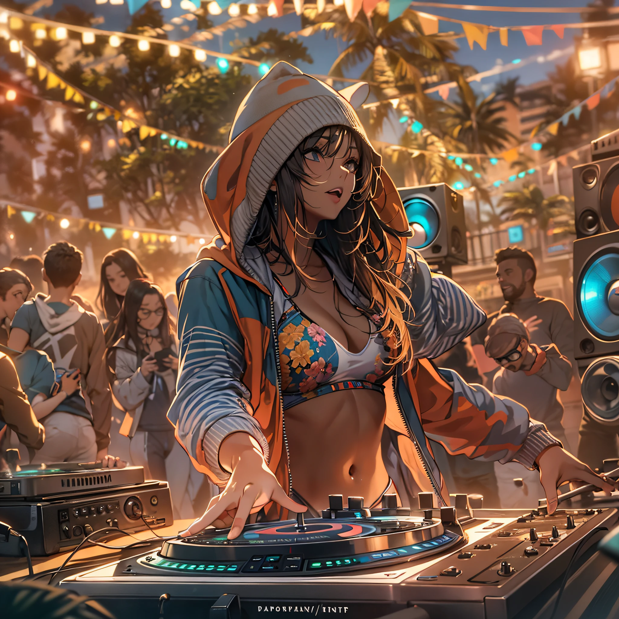 (Best quality), (masterpiece), (photorealistic), (realistic), ultra-detailed, unity 8k wallpaper, extremely detailed CG, ray tracking, sharp shadows, wonderful details, depth of field, Ultra detailed background, A female DJ is dancing to music on an outdoor stage on a sandy beach, wearing a swimsuit and a pop hoodie. DJ turntable in front, Behind her are colorful speakers and lights, and the crowd seems to be enjoying themselves. Lunchtime. from below, side shot,