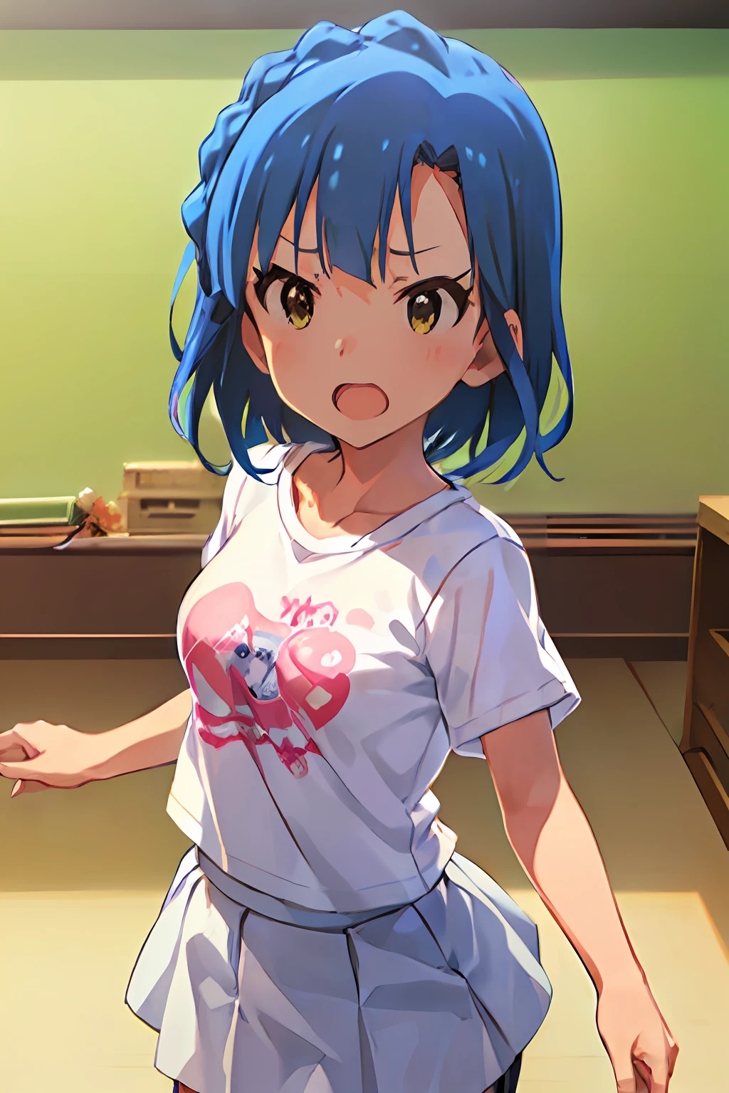 yuriko nanao (million live). Short stature. (((white t-shirts))).(((Skirt))).(((masterpiece))).(((best quality))).((Ultra-detailed))).(((illustratio))). (((fighting stance))).(((a room))).(((make a fist))).(((up chest))).Despair face.(((short-hair))).((Medium chest)).((Opening Mouth)).