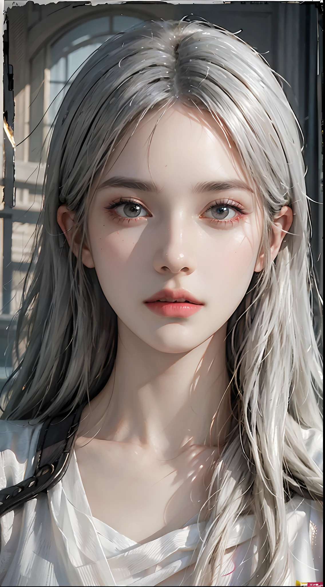 Hyperrealist portrait of female by david hockney and alphonse mucha,fantasy art, photo realistic, dynamic lighting, artstation, poster, volumetric lighting, very detailed faces, 4 k, award winning,, 1girl, in the dark, deep shadow, low key,cowboy shot,(official clothing:1.4) ,long hair,white hair,
