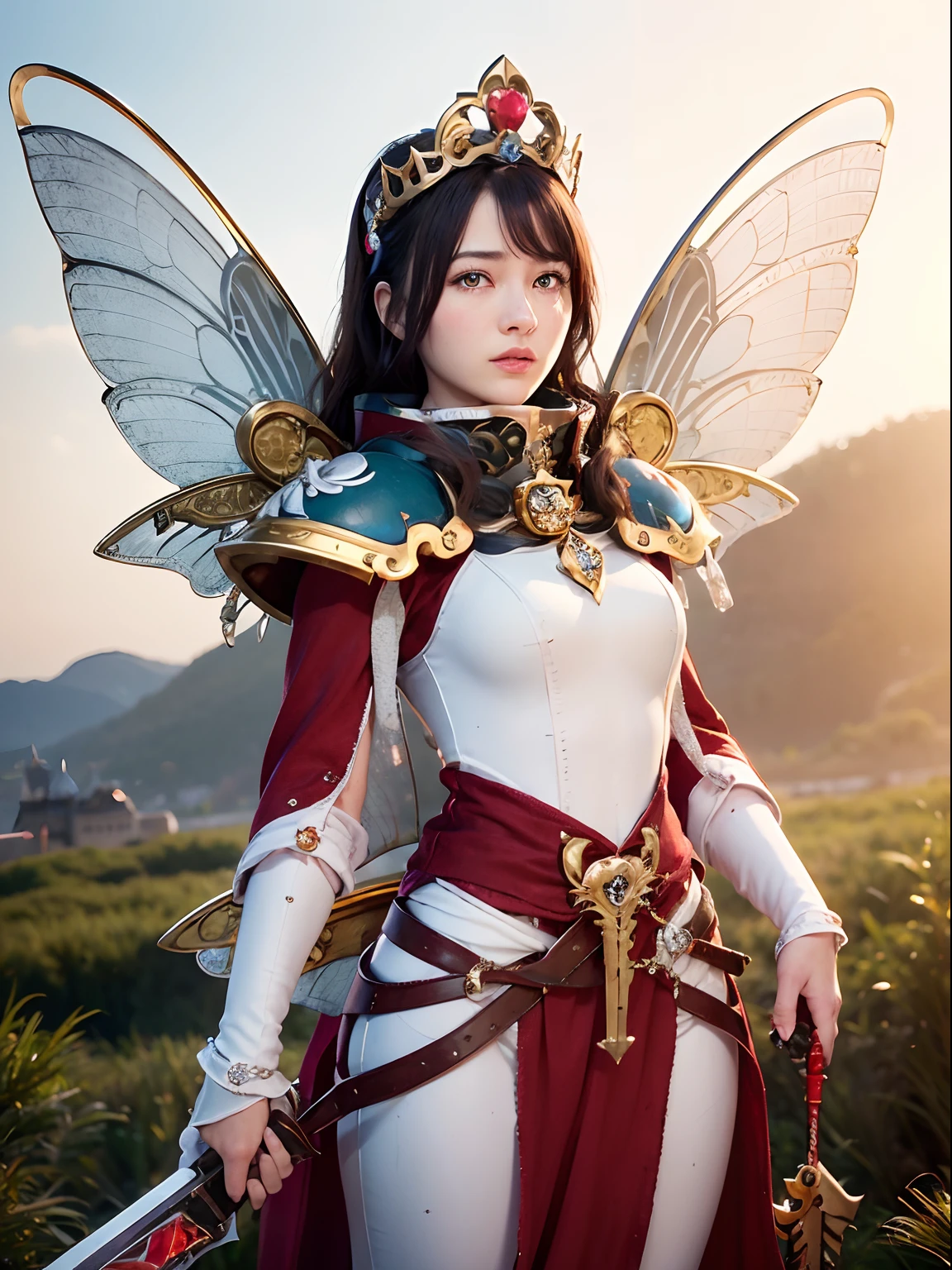 Professional , masterpiece、top-quality、photos realistic , depth of fields 、(A dark-haired) 、(Gemstone White Metal Body:1.9),(Matte White、Jewel Gold Weapon(Jewel Metal Body:1.4),Gorgeous metal weapons ,(( Detailed and gorgeous sword of the brave)) ,Light Effects、intense fighting、Wind-effect、magic circles、 (A dark-haired) ,warhammer 40k ,Detail and ornate jewel crown、((Micro Bikini Armor))、((Gangle's forest background))、Beautiful Caucasian beauty、1a person、dynamic ungle,(((Detailed and ornate diamond crown)))、Smaller head、A smile、Background inside the castle、Thin and beautiful female hands、cleavage of the breast、Soldier in iron armor on background、Mystical expression、Light Effects、intense fighting、Wind-effect、magic circles、With the legendary magic wand、(wings of light)、Toostock、Anatomically correct body、