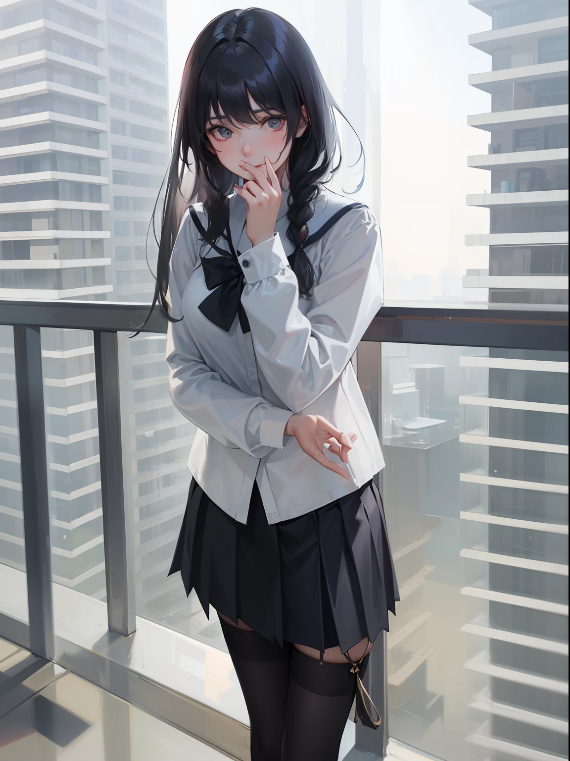 tmasterpiece，Best quality at best，Black-haired girl covering her mouth，is shy，Be red in the face，JK school uniform，a black pleated skirt，black lence stockings，thin very long legs