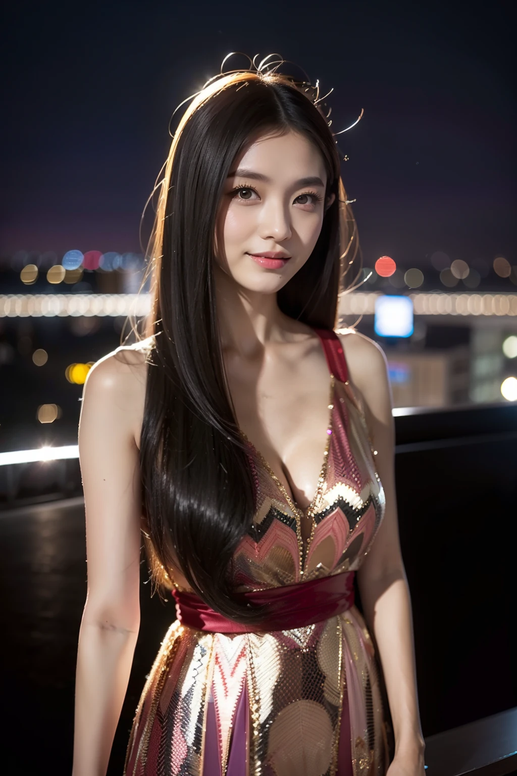 （8K分辨率，Vista full body photo，Photos above the legs），（Multiple women，20yr old，（Facial features of Thai Aom：1.8，Broad skeletal cheeks，s delicate face），Lovely face，com rosto detalhado，详细的脸，（Delicate Japanese makeup），Black colored eyes，（Look into the distance），Long dark red hair，Microvolumes（Messy has layers），Redlip，Fair smooth skin，（Best Skin Type：1.21），mediuml breasts，（Fashionable casual wear，（Incredible stitching，Luxury），（materpiece：terylene，blacksilk），A small number of jewelry hairpins，Luxury necklaces and bracelets），Tall and tall，The action of conversation，perfect hand，Ultra-fine clothing material），（Modern city，Stylish gatherings，Night background on the roof of the city，Exquisite environmental details），（exhilarated，confident smile，Rejoice），（profesional lighting，动态照明），（（Colors are conflicting，adolable，elegance，ellegance，vivaciousness（white colors，black in color，purpleish color，red colour，in pink））），（Golden section，Cinema lenses，Dynamic shots，Hasselblad photograp，tmasterpiece：1.3），（Courtesan，Youth idol，Focus in the field，trendsetting，Artis，Art platform）