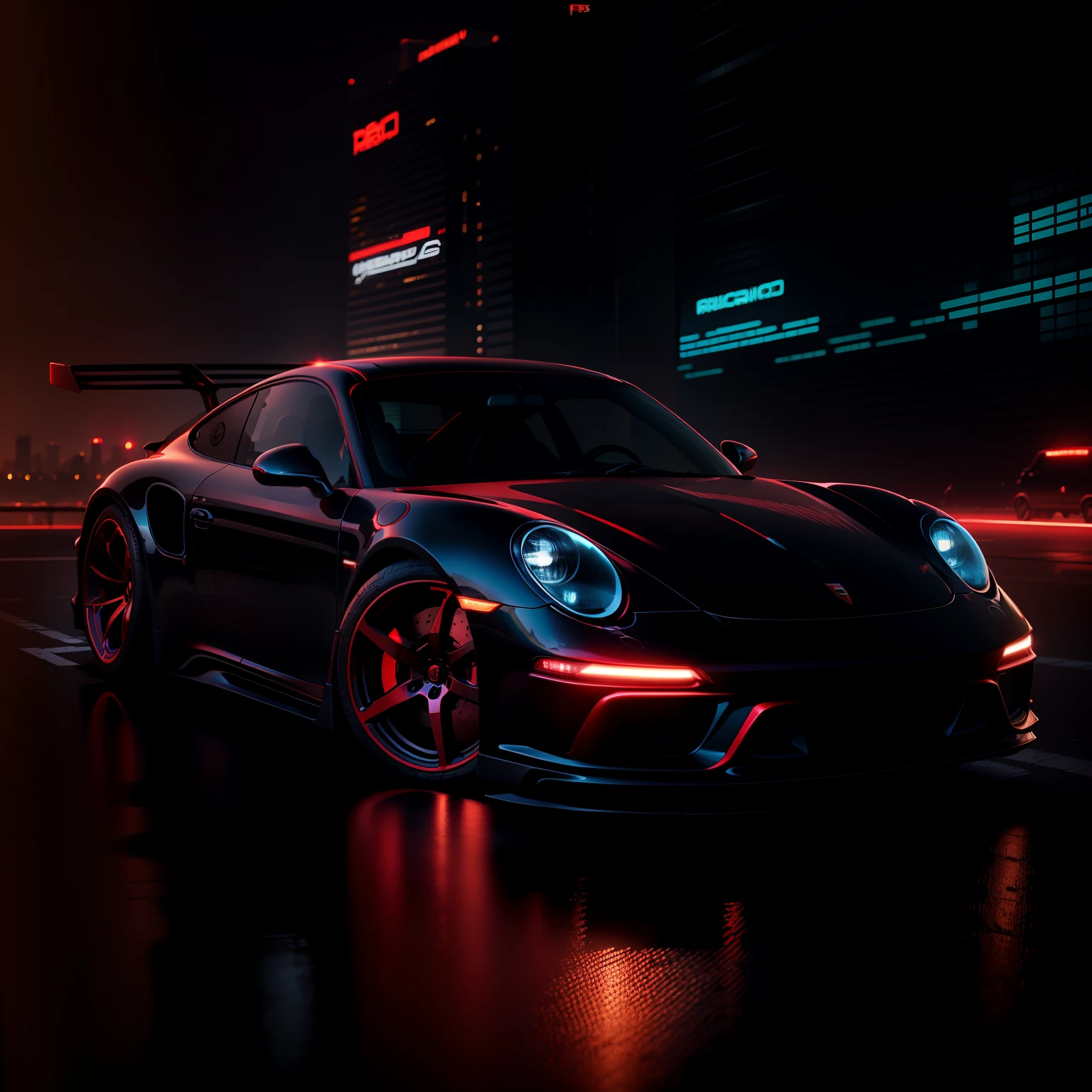 RED PORSCHE realista, disco Rigido, cyberpunk in cybercity at night, 8k