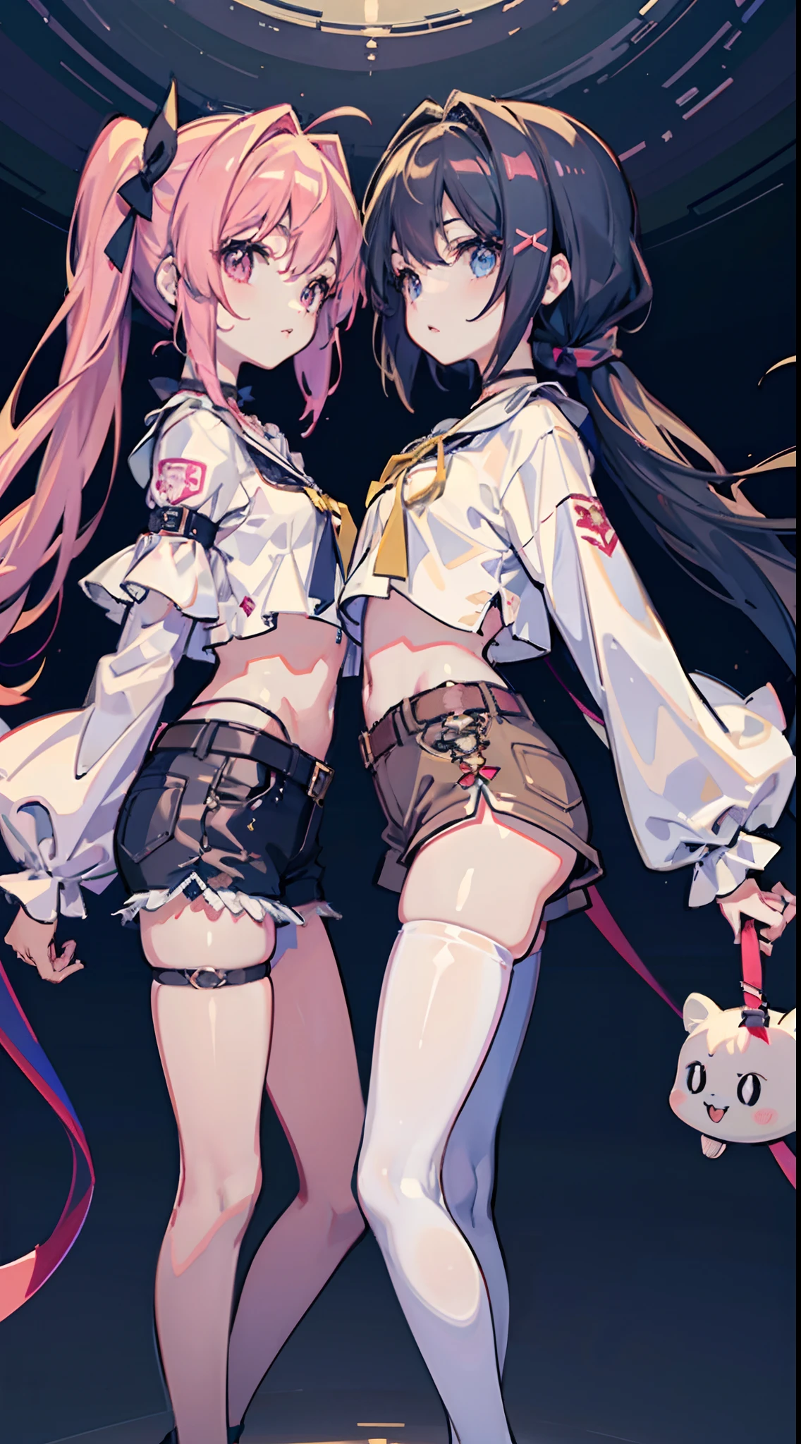 ,twins, Masterpiece,Best quality,offcial art,Extremely detailed Cg Unity 8K wallpaper, 2girls, cute female child, Yuri, hair adornments, Short shorts, Crop top, Pantyhose, ribbon_choker necklace, leg belt,