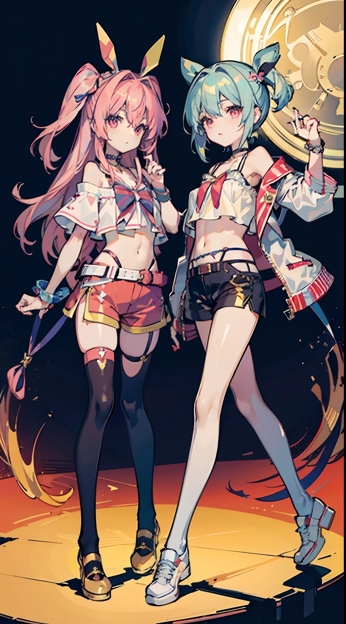,twins, Masterpiece,Best quality,offcial art,Extremely detailed Cg Unity 8K wallpaper, 2girls, cute female child, Yuri, hair adornments, Short shorts, Crop top, Pantyhose, ribbon_choker necklace, leg belt,