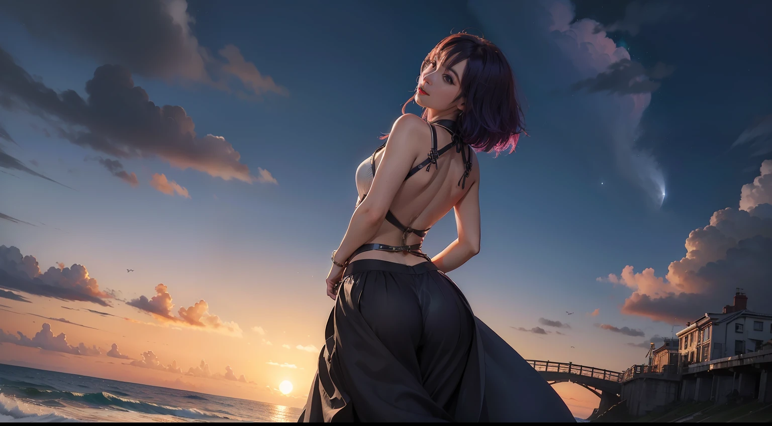 (masterpiece, beach scene at sunset:1.3), (Tatsumaki from One Punch Man:1.2), (standing at her 150 centimeters height with a well-distributed 45 kg:1.2), (beautifully proportioned body with small breasts and a medium-sized, firm, and round buttocks:1.2), (slender physique:1.1), (strolling along the beach at the moment of capture:1.2), (facing away from the camera, but turning around with a brief laughter at the corner of her mouth:1.2), (photograph taken from her back:1.5), (shows her pussy) (no wearing :1.5), (capturing the enchanting lighting of the sunset:1.1), (enhancing the beauty of her green-colored hair:1.3) Hyper-detailed, insane details, Beautifully color graded, Unreal Engine, DOF, Super-Resolution,Megapixel, Cinematic Lightning, Anti-Aliasing, FKAA, TXAA, RTX,SSAO,Post Processing, Post Production, Tone Mapping, CGI, VFX, SFX, Insanely detailed and intricate , Hyper maximalist, Hyper realistic, Volumetric, Photorealistic, ultra photoreal, ultra- detailed, intricate details,8K, Super detailed , Full color, Volumetric lightning, HDR, Realistic, Unreal Engine, 16K, Sharp focus. Octane render