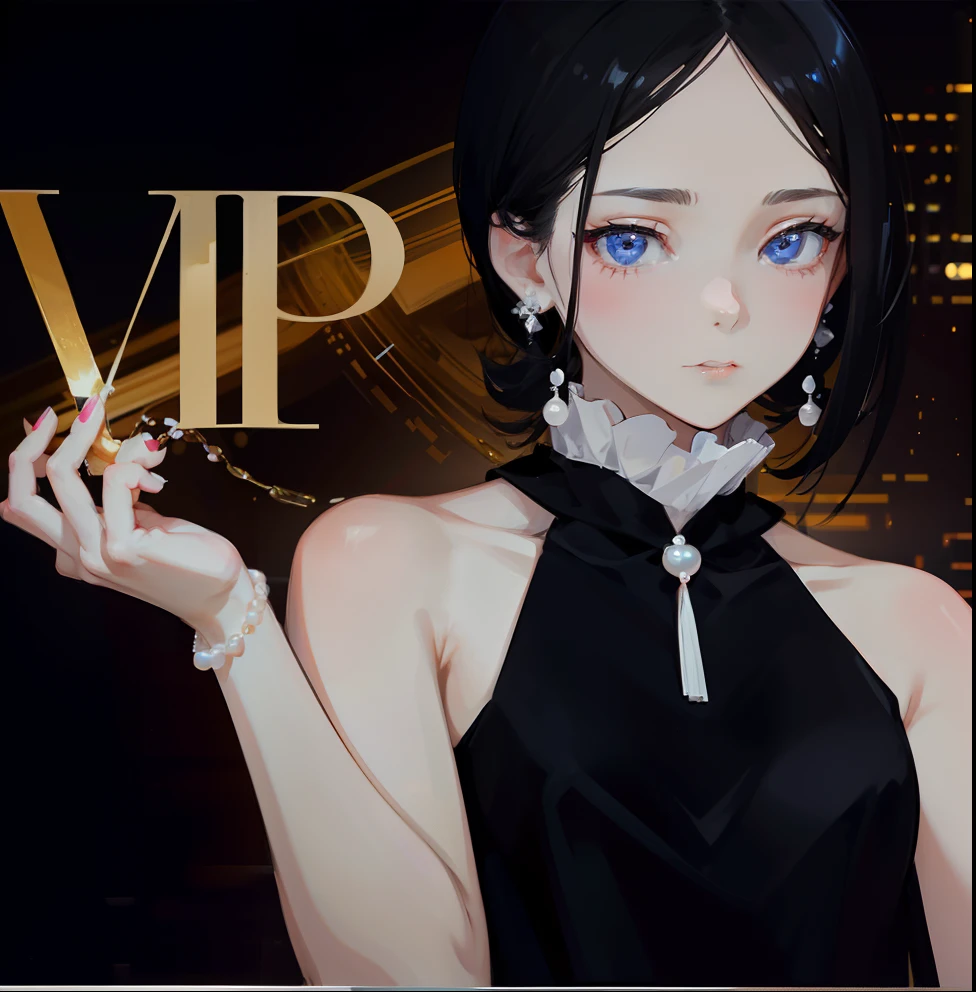 A cute girl，Bite poker，eyes with brightness，Black hair，wearing a black dress，Wear a bracelet，Wear a white pearl necklace，frontage，Bubble Mart style，Q version characters，full bodyesbian，8K-niji 5