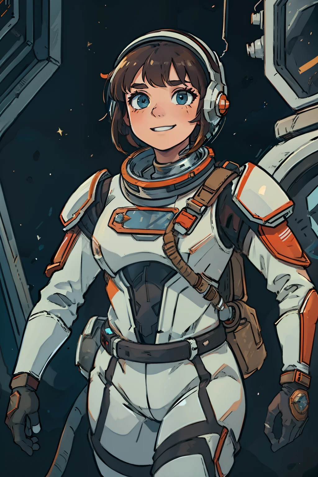 professional artwork, detailed eyes, beautiful eyes, beautiful face, flawless face, gorgeous face, smooth features, blush, short hair, beautifully detailed background, adventurous astronaut knight in armored space suit fighting large monster, space suit looks like knight armor, space suit, thick heavy space suit, environment suit, hoses and tubes on suit, dials and switches, space suit backpack, nasa, nasa punk, nasapunk, astronaut, astronaut suit, cosmonaut, medieval knight, knight armor, leather armor and metal armor, mechanical background, sci fi, science fiction, futuristic, fantasy armor, full plate armor, medieval armor, knight helmet, knight visor, grilled faceplate, large helmet, big helmet, heavy collar, vacuum seal ring around neck, life support systems, rustic material, heavy stitching, thick leathers, armored breastplate, armored chest, leather gloves, rustic craftsmanship, adventurous, adventure, cute, smiling, shoulder pads, armor, white and orange outfit, heraldry, sides of head is shaved, cropped haircut, helmet on head, cassette futurism, gloved hands, bulky space suit, bulky suit, tubes and hoses, valves, mechanical, sword and shield, neon light, neon glow, neon