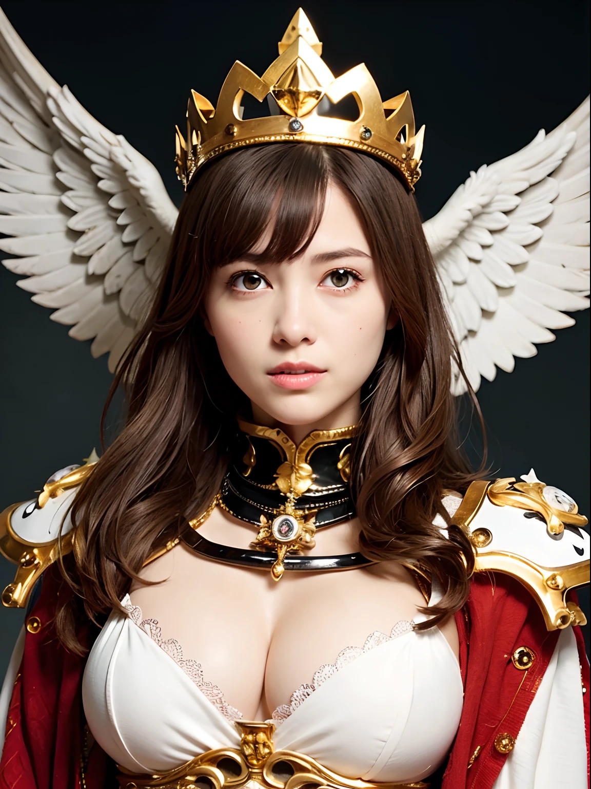 (masutepiece), Professional , ​masterpiece、top-quality、photos realistic , depth of fields （Gemstone Silver Metal Body:1.９),(Matte White、（Brown hair long straight）、Jewel Gold Weapon、（Inside the old ruins),Gorgeous metal weapons,(Detailed and realistic angel white wings) , Detailed Sword of the Brave , Beautiful knife 、delicated face、20 years girl  ,warhammer 40k , adepta sororitas,Detail and ornate jewel crown、a blond、(Gangle's forest background)、Beautiful Caucasian beauty、１a person、dynamic ungle,(((Detailed and ornate diamond crown)))、Smaller head、A smile、Powerful poses、Beautiful thin fingers of a woman、cleavage of the breast、