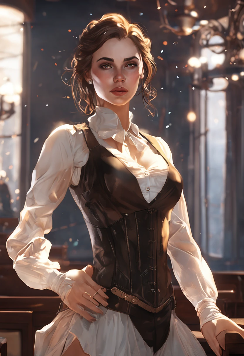 1 girl, (full body), A detailed portrait of a beautiful girl, makeup, hourglass body, neckline, (top hat), Vest, Sack, black suit, short dress, sexy, looking to the right, skin dentation, Sun's rays through the window, Earthy tones, dynamic pose, dynamic camera angle, masterpiece, best quality
