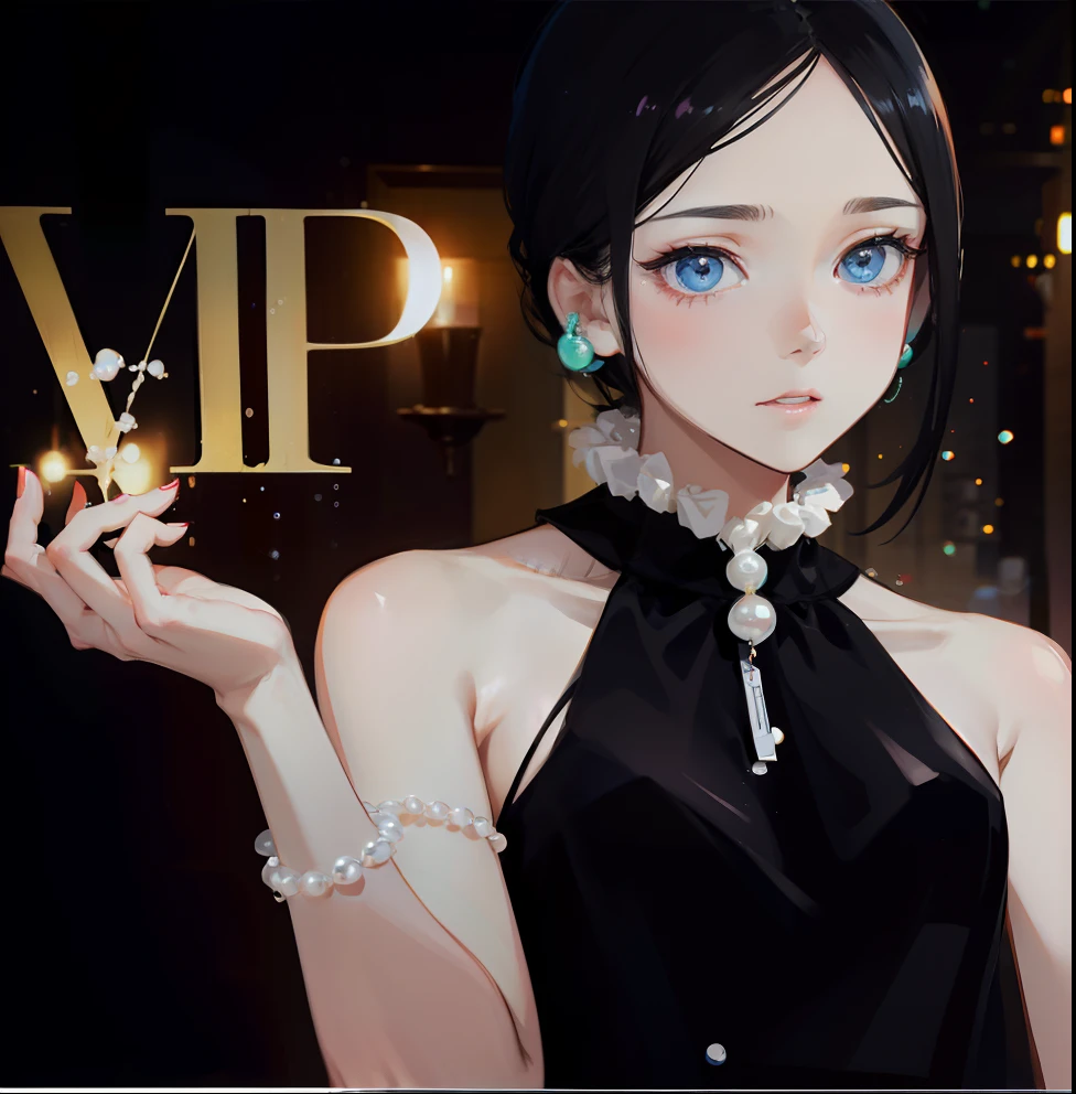 A cute girl，Bite poker，eyes with brightness，Black hair，wearing a black dress，Wear a bracelet，Wear a white pearl necklace，frontage，Bubble Mart style，Q version characters，full bodyesbian，8K-niji 5