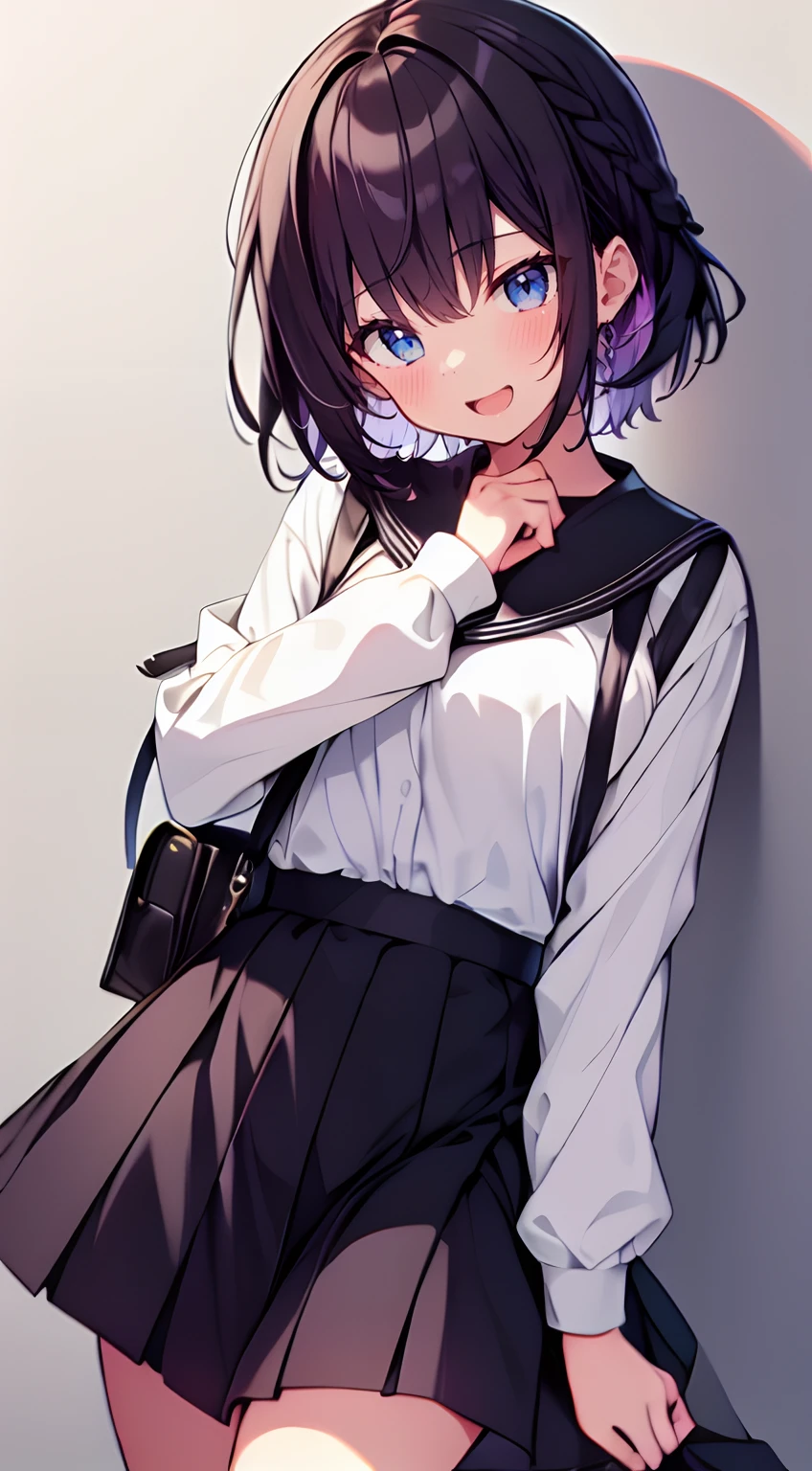 (absurdres, 8k, 4k, masterpiece, hyper extreme detailed:1.2), solo, 1girl, front view, perfect face, 1girl, portrait, looking at viewer, solo, standing, Female, Mature Female, expressive eyes, perfect face, dark purple hair, 1girl, messy hair, perfect anatomy, adult, standing, straight hair, pale, full body, medium hair, perfect anatomy, friendly, happy, good, good natured, kind, kindhearted, understanding, honesty, integrity, empathy, empathic, smile, nice, happy, expressive, cute, caring, Compassionate, Humility, Integrity, Forgiveness, forgiving, sparkling eyes, expressive eyes, hair covering forehead, swept bangs, medium bust, t-shirt, cute outfit, blue skirt, wholesome, Patience, love, loving, Generous, savior, saint, saintly, devoted, selfless, Positive, Encouraging, polite, courage, courageous, Considerate, unselfish, Diligent, warm, welcoming, Temperate, Cooperative, faithful, Imaginative, Fairness, fair, perfect, normal, 1girl, cutesy, pins, hairpins, bedroom background, colorful, backpack, flowers, flowers in hair, slender, slim, beautiful, wonderful, college student, warm smile, clasped hands, tilted head, hope, integrity, inspiring, benevolent, huggable, cute outfit, cute bag,

