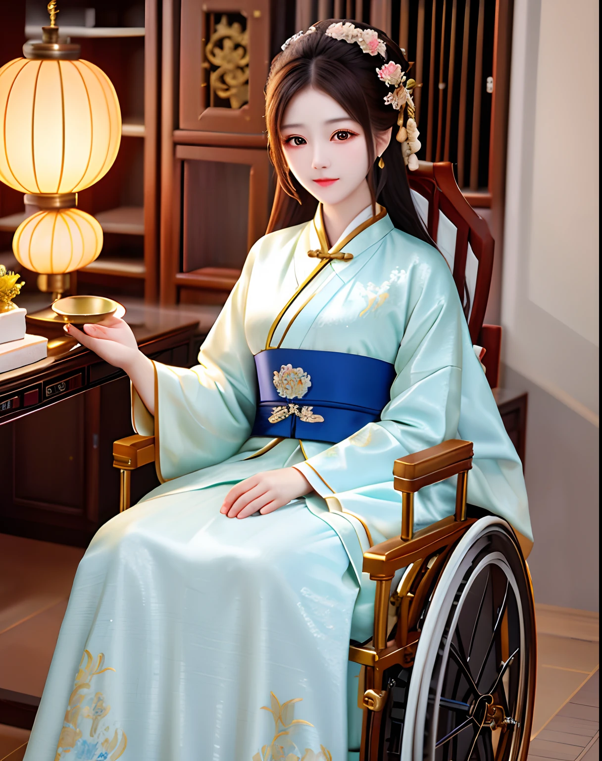 Best quality, Masterpiece, A high resolution, 1girll,Beautiful face,Chinese clothes,White Taoist robes,Being in the room,censer,bookcase,oil lamp,Warm light,In a bronzed wheelchair