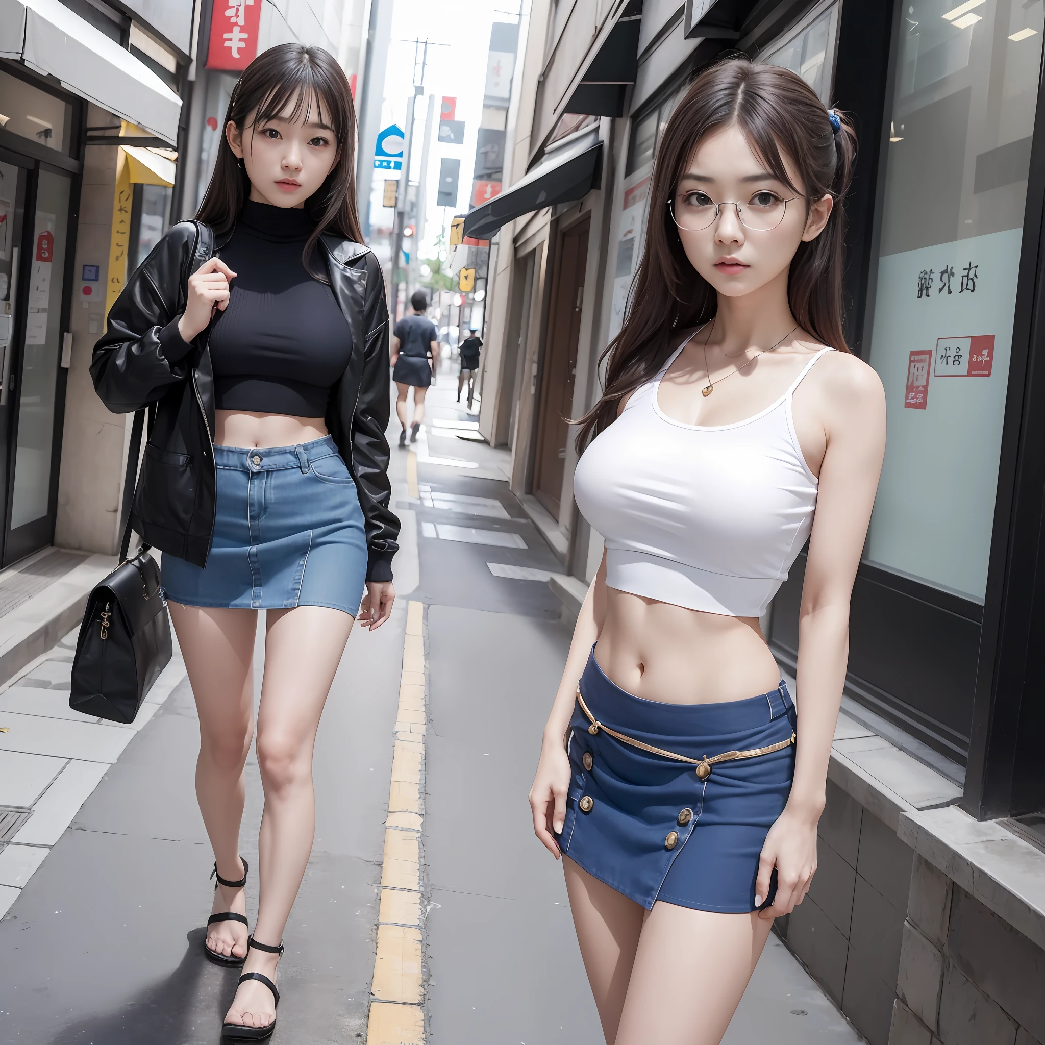 Realistic, Two girls staring at each other, Long Shot, 1 small, short woman (Are standing) In a bikini, Long Hair, barefoot, 1 Mini Giant Mini Girl (feminine, Thin body type, sexy, Torn clothes, Sweat), (Mid-chest: 1.5) Look down, Dynamic pose, In a tank top, Scenes involving two women, Pay attention to the height difference, Couple, skirt, Upset face (Highly detailed skin), Detailed face, 8K Ultra HD, Soft lighting, high quality, Full body portrait.