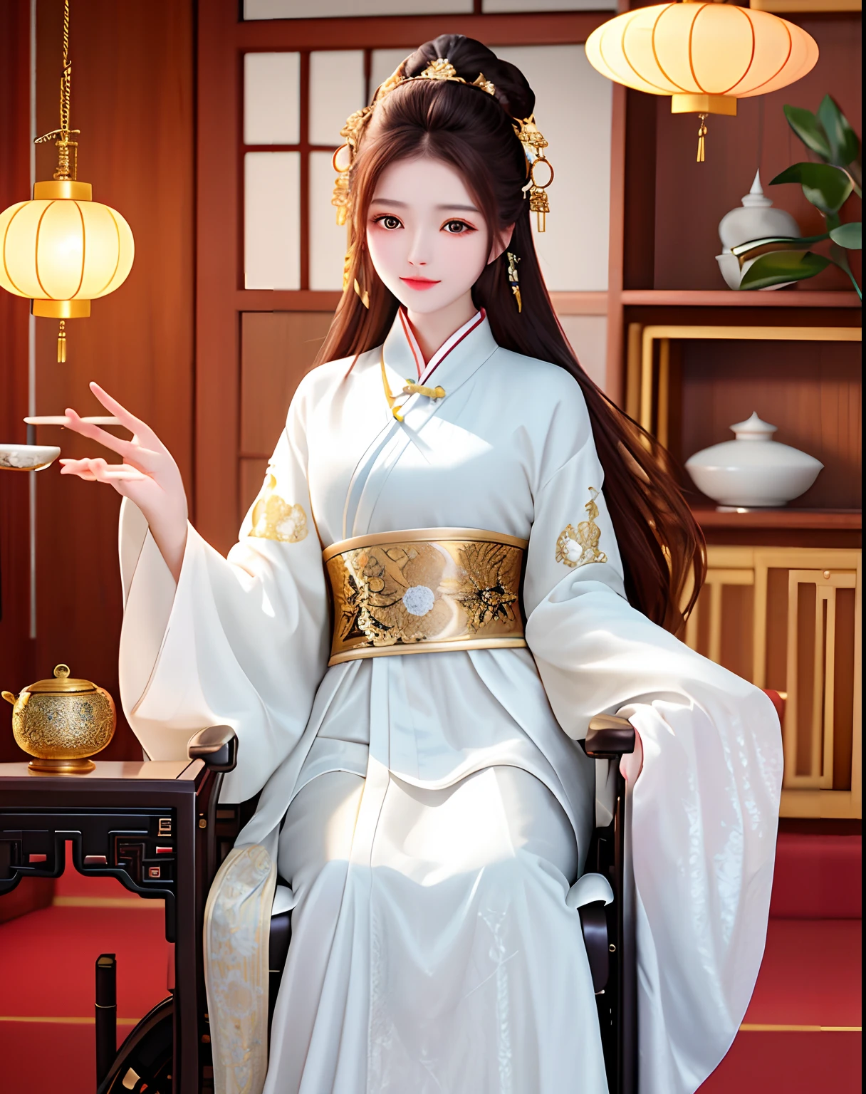 Best image quality、8k、masterpiece：1.3))、Realistic high-quality photos、Highest quality、 Beautiful face、Photos of slim models、Beautiful girl model、Young and pretty face、Beautiful model girl、A lovely and delicate face、Black Hair、Beautiful brown eyes、Young Body、Hanfu, (emphasize)、from the front、Camera gaze,、Anatomically correct、胸の谷間をemphasize、whole body、Exposed thighs、Watercolor、White clothes、Standing