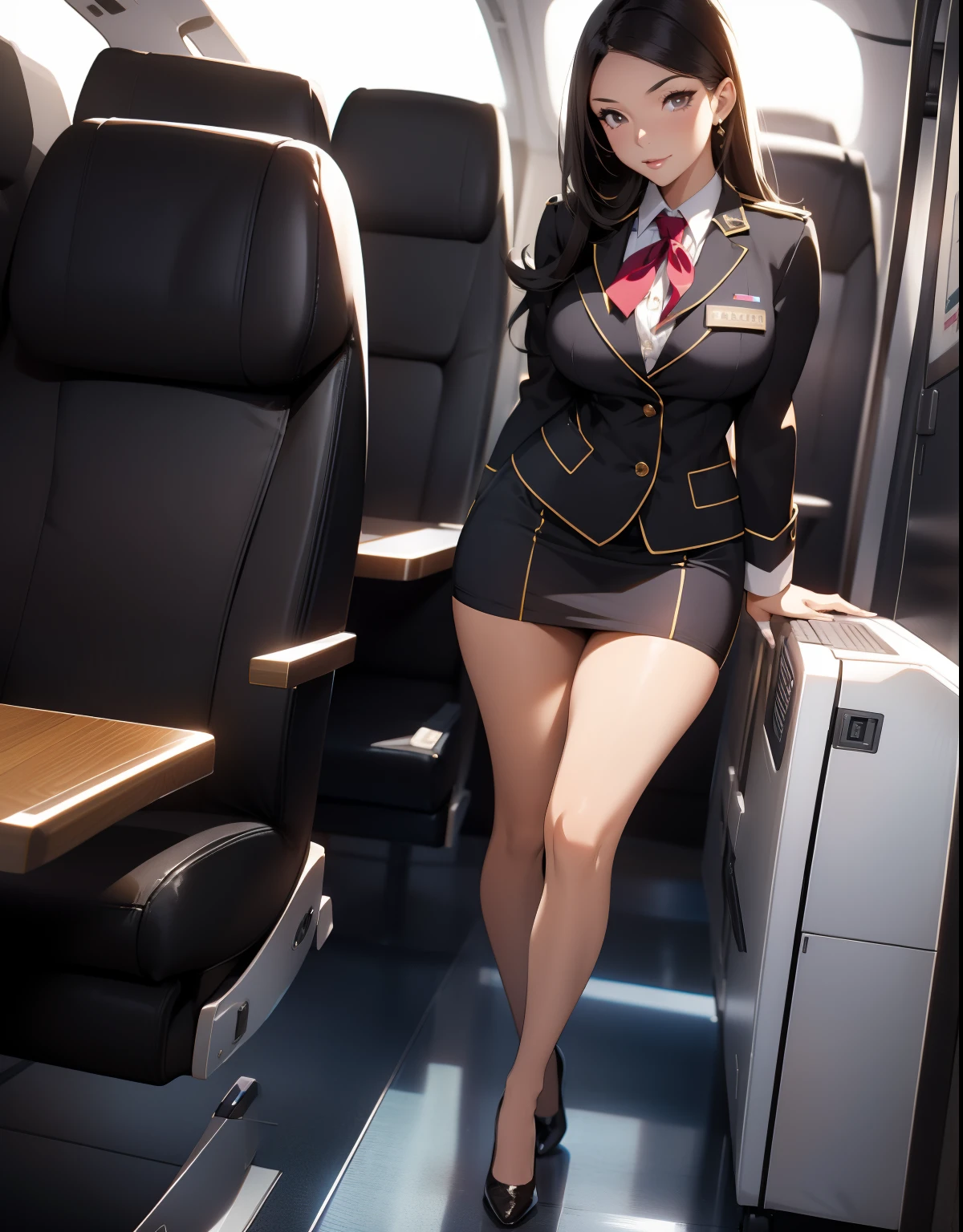 stewardess,A beautiful full body girl,with fair skin,cabelos preto e longos,24 years of age,busty figure,short skirt,Super sexy scene,Sexy clothes,facial closeups,Open-mouthed