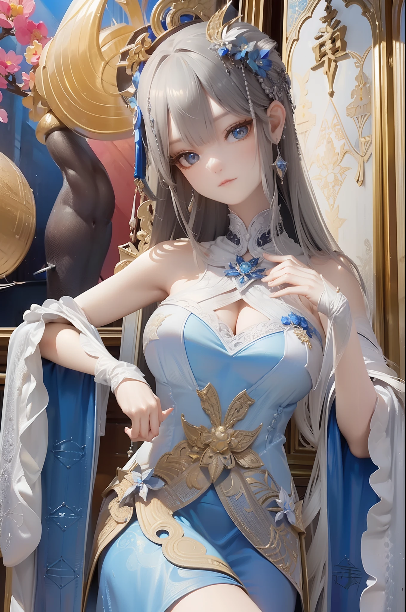 （highly  detailed），（（tmasterpiece）），（impasto），iintricate，painting of a，（（（1个Giant Breast Girl）））），A illustration，Exquisite steppe，sorceress woman，Shepherds have gray hair，Blue longan，white dresses，（Nice face），Beautiful detailed face，Extremely delicate and beautiful girl