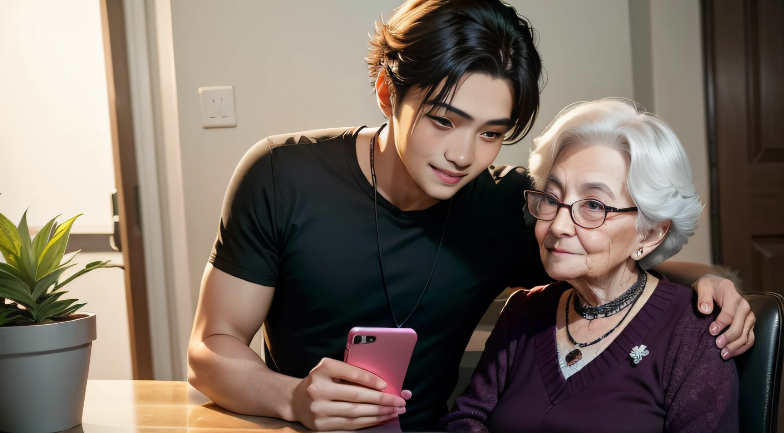 The grandson of a college student reached out and gave his grandmother a smartphone，Grandma gladly accepted the phone，A kind smile appeared