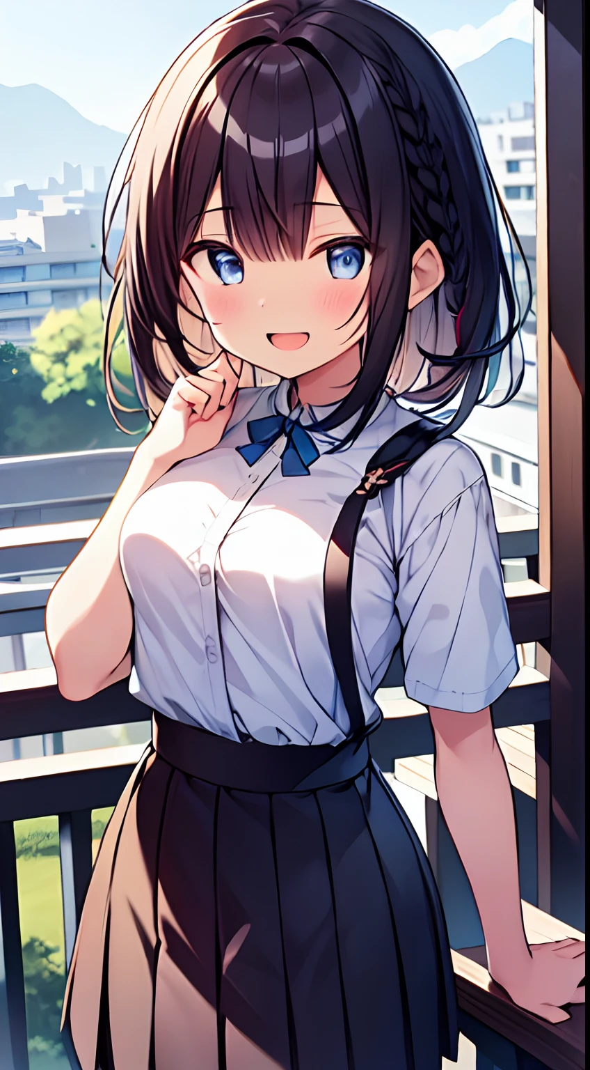 masutepiece, Best Quality,Illustration, Wallpaper, Ultra Detail, 1girl in,Solo,Beautiful detailed eyes,Very thick contour lines、Medium Short-Cut Hair、Short, Braided hair、skirt by the、(student clothes)、Dark hair color、Open mouth and big smile、Kamimei、Angle from which you can see the whole body、Overlooking angle:1.2、small head、ample breasts