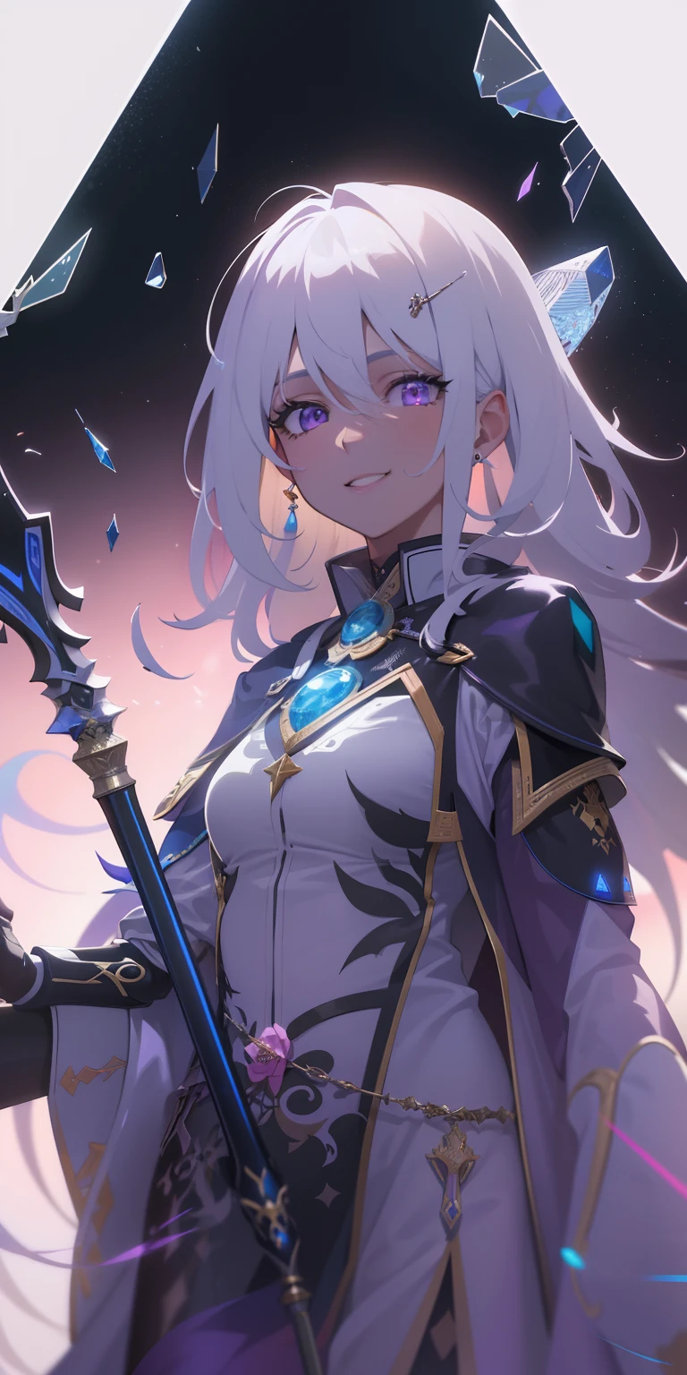 (masterpiece, best quality, ultra-detailed, best shadow), (detailed background,dark fantasy), (beautiful detailed face), high contrast, (best illumination, an extremely delicate and beautiful), ((cinematic light)), colorful, hyper detail, dramatic light, intricate details, (1girl, solo,white hair, sharp face,purple eyes, hair between eyes,dynamic angle), swirling black light around the character, depth of field,black light particles,(broken glass), superhero , full body, holding magical staff, woman, happy, smile, look in front, tall, wearing boots, attractive, detailed clothing,