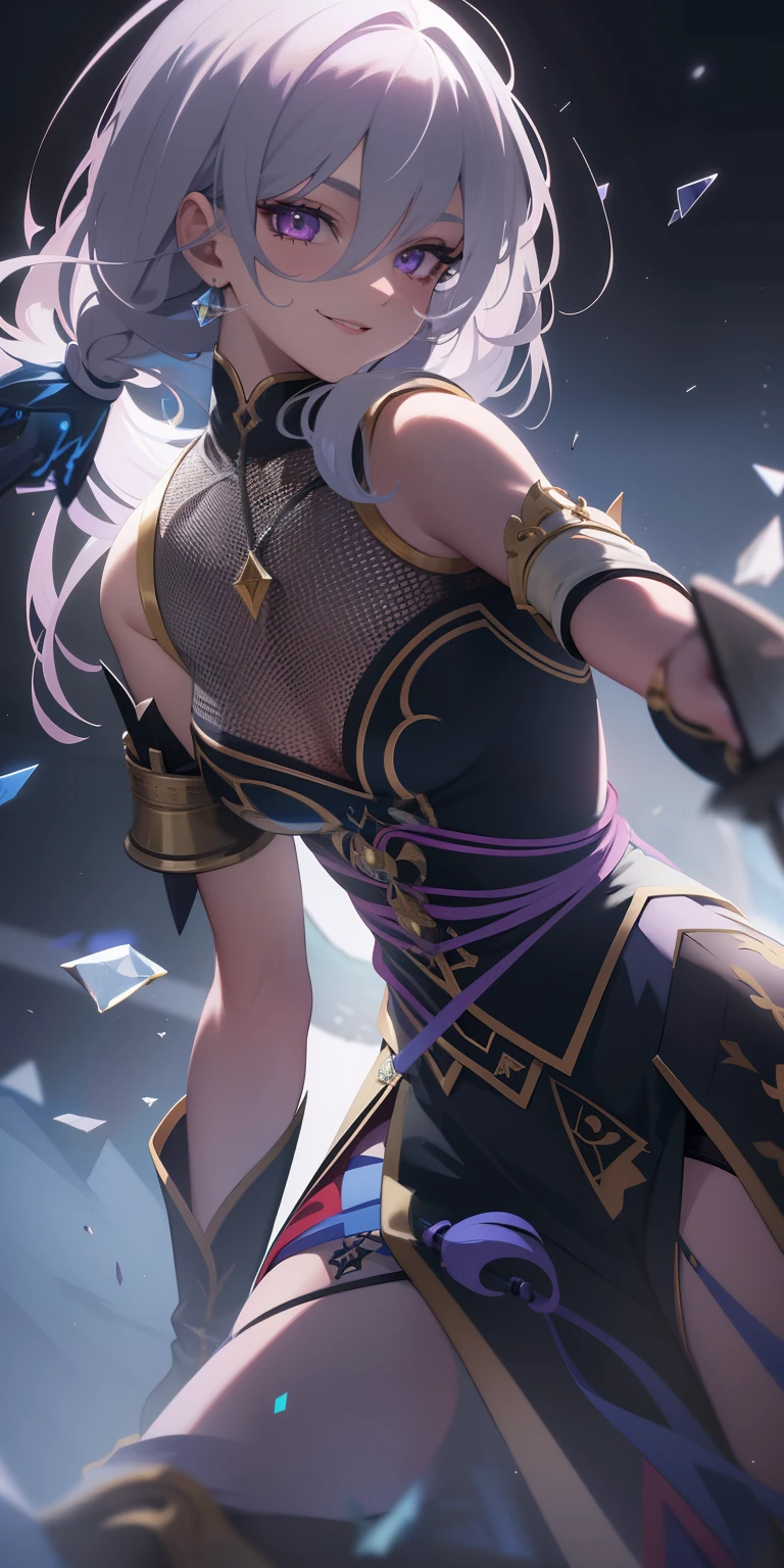 (masterpiece, best quality, ultra-detailed, best shadow), (detailed background,dark fantasy), (beautiful detailed face), high contrast, (best illumination, an extremely delicate and beautiful), ((cinematic light)), colorful, hyper detail, dramatic light, intricate details, (1girl, solo,white hair, sharp face,purple eyes, hair between eyes,dynamic angle), swirling black light around the character, depth of field,black light particles,(broken glass), superhero , full body, holding magical staff, woman, happy, smile, look in front, tall, wearing boots, attractive, detailed clothing,