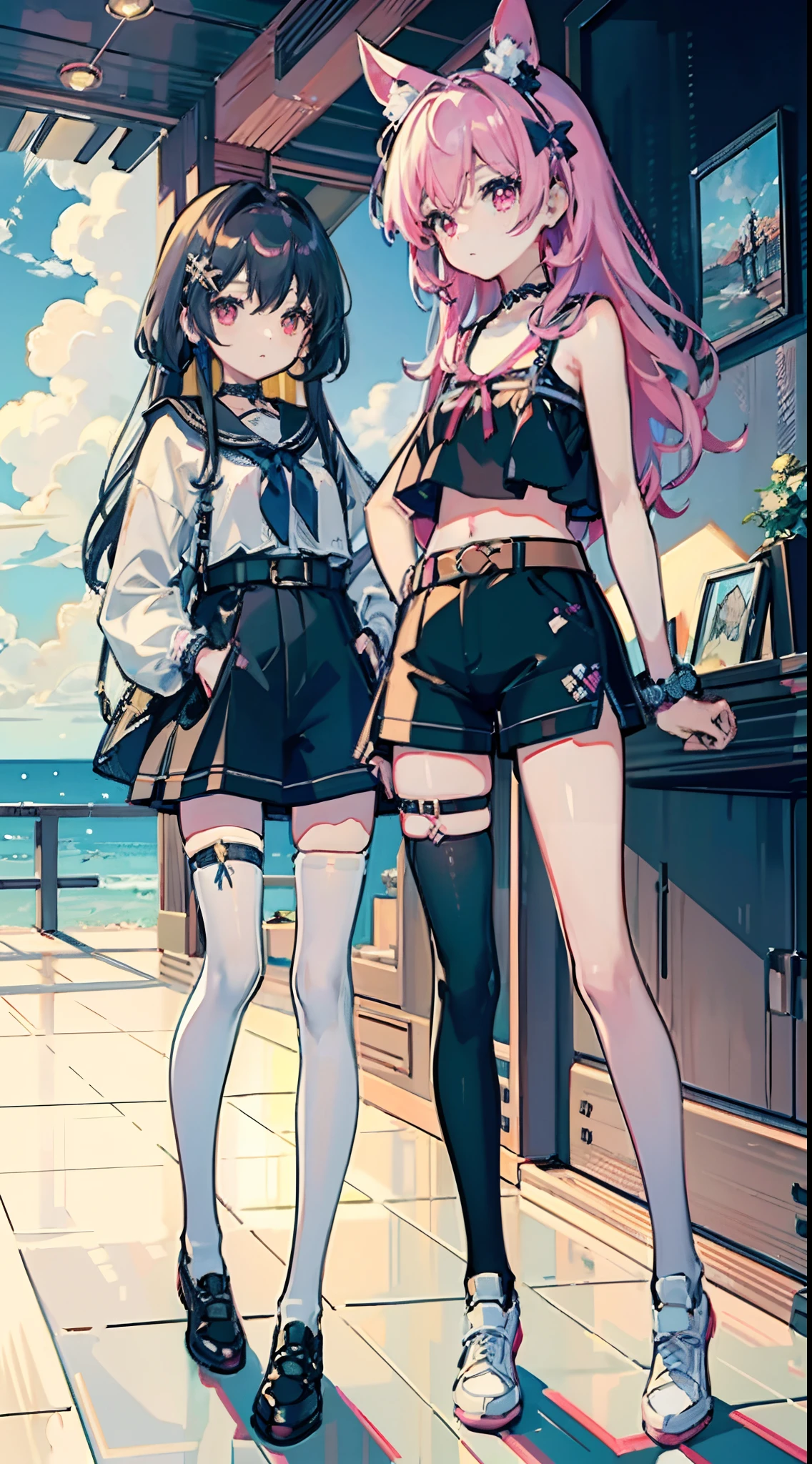 ,twins, Masterpiece,Best quality,offcial art,Extremely detailed Cg Unity 8K wallpaper, 2girls, cute female child, Yuri, hair adornments, Short shorts, Crop top, Pantyhose, ribbon_choker necklace, leg belt,