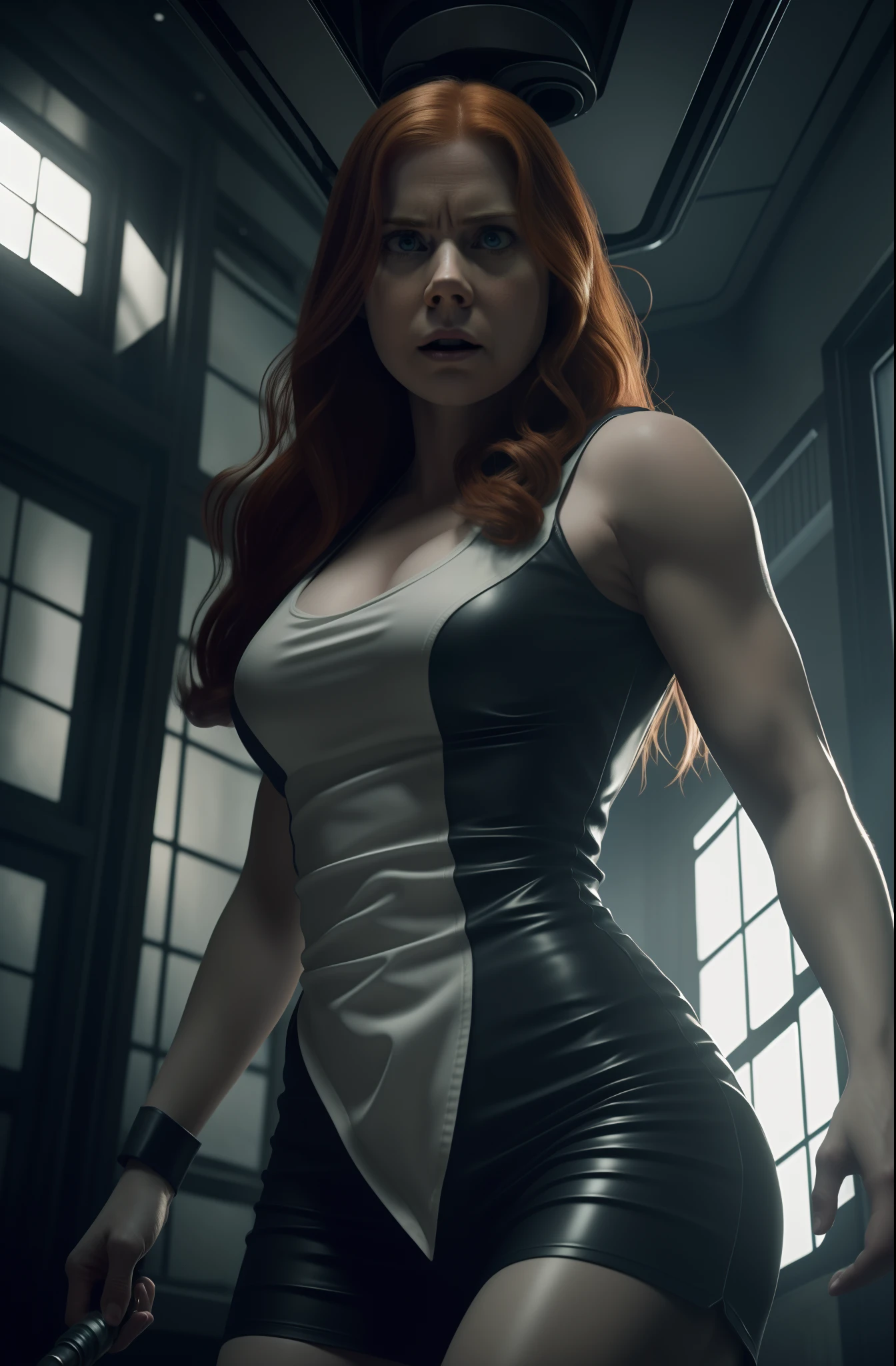 Hot terrified Amy Adams as a Scientist Hiding from deformed twisted scary slayer on Ishimura Horror Space Ship photography, natural light, photorealism, cinematic rendering, ray tracing, the highest quality, the highest detail, Cinematic, Third-Person View, Blur Effect, Long Exposure, 8K, Ultra-HD, Natural Lighting, Moody Lighting, Cinematic Lighting