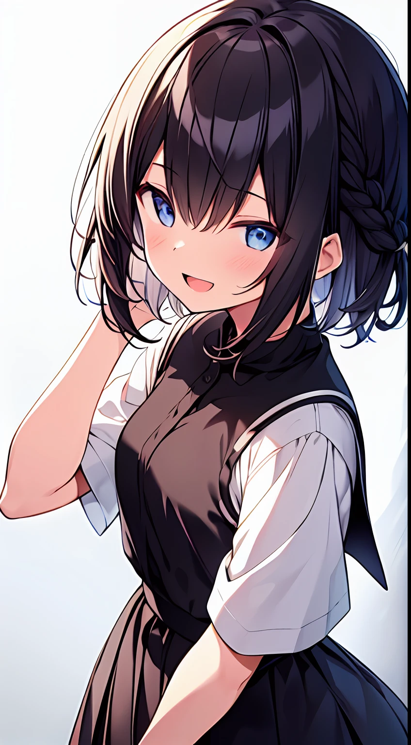 (best quality), (Super detailed), (Best Illustration), (masterpiece), score_9, score_8_up, score_7_up, 4k, (nsfw), high contrast, upper body, (1woman), (solo:1.2),{(white serafuku), (bra lift), (show off breast:1.2), (show off nipples:1.2)}, (large breasts:1.2), {brown hair, (sideburns), (bob cut:1.3), curly hair, hairs between eyes, colored inner hair}, {(detailed eyes), blue eyes}, earring, light smile, nose blush, sweat, wind, (white background:1.2),