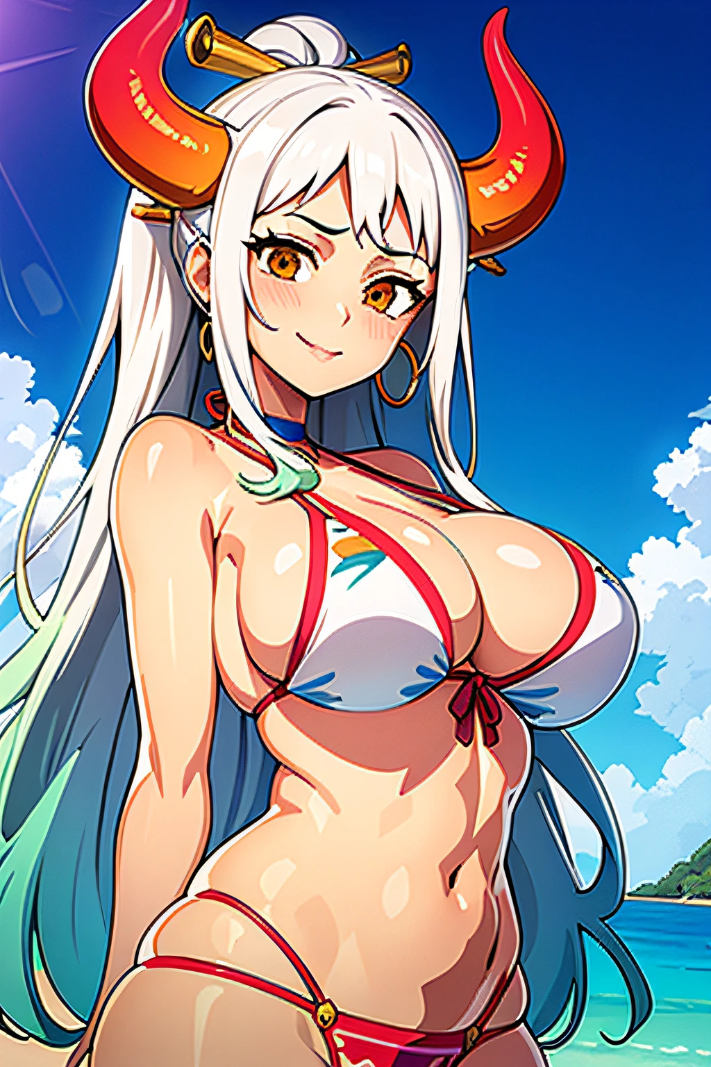 masutepiece,((The bikini))、 Colossal tits、((hyper detailed background, Delicate pattern, intricate detailes)), (Highly detailed, Fine details), Best Quality,Beautiful lighting, (((medium breasts, Slim Girl, very slim girl))), (Cowboy Shot), YamatoV2, Long hair, 1girl in, Horns, White hair, Solo, sila, red horns, Curled horns, Hair Ornament, (multicolored horns), Jewelry, earrings, Komono,, hair stick, Sleeveless, Bare shoulders, aqua hair, side locks, hoop earrings, Smile, Wide smile, ((Orange Eyes)), intricate detailed background, Outside, nature environment, boulders, Sunny, Blue sky, skyporn,