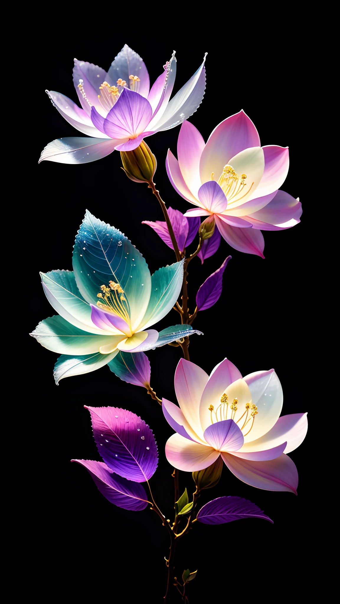 branch of delicate lilac flowers, super transparent, holy light, beautiful spectral light, petals glow, flashing, dark background, drops of transparent light, reflective light, bright, light streaming in, optics, portrait profile, sharp focus, magical, intricate, ultra realistic, fantasy, composition, light, trend on artstation, pearl, patronus cloud of silvery vapor, corrosive enveloping ray family, 8k, ureal ar 23v4 uplight