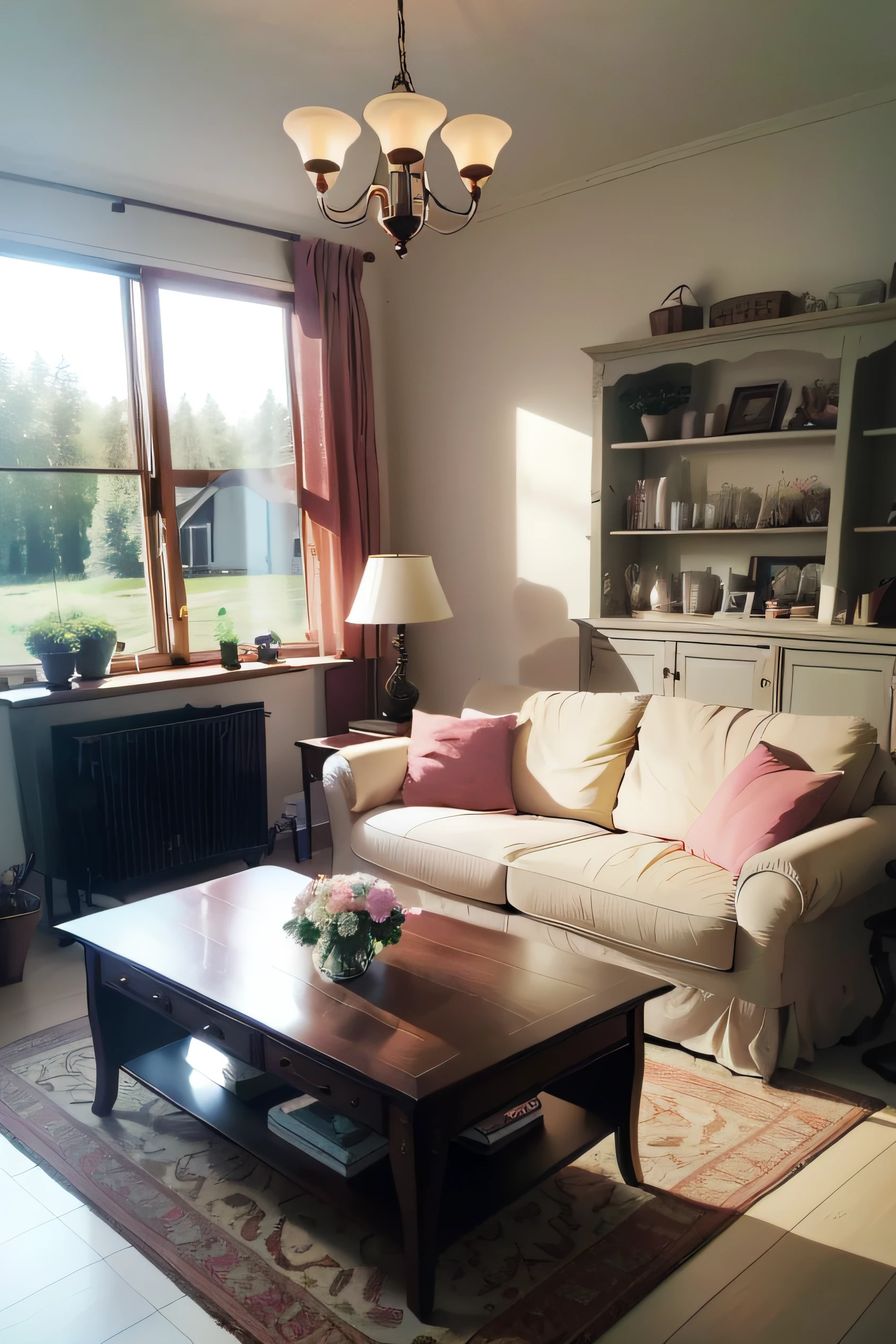 there is a living room with a couch, coffee table and a lamp, cosy atmoshpere, sitting in rural living room, perfect crisp sunlight, the living room, cozy and peaceful atmosphere, afternoon sunlight, warm living room, cosy, natural light in room, warm pink living room, cozy environment, living room, with backdrop of natural light, cream - colored room