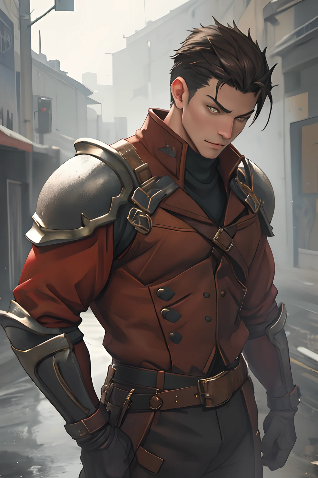 tmasterpiece，best qualityer，illustratio，Realisticstyle，photo realistic style，detail in face，offcial art，Movie lighting，1male people，Combat uniforms and armor，are standing，Close-up of the crotch，Crotch view，Drenched，Get wet， Solo ，Handsome，virile，Handsome face，[[[［musculature］，Short hair，Undercut hair, brown hair, Gold eyes，looking at viewert